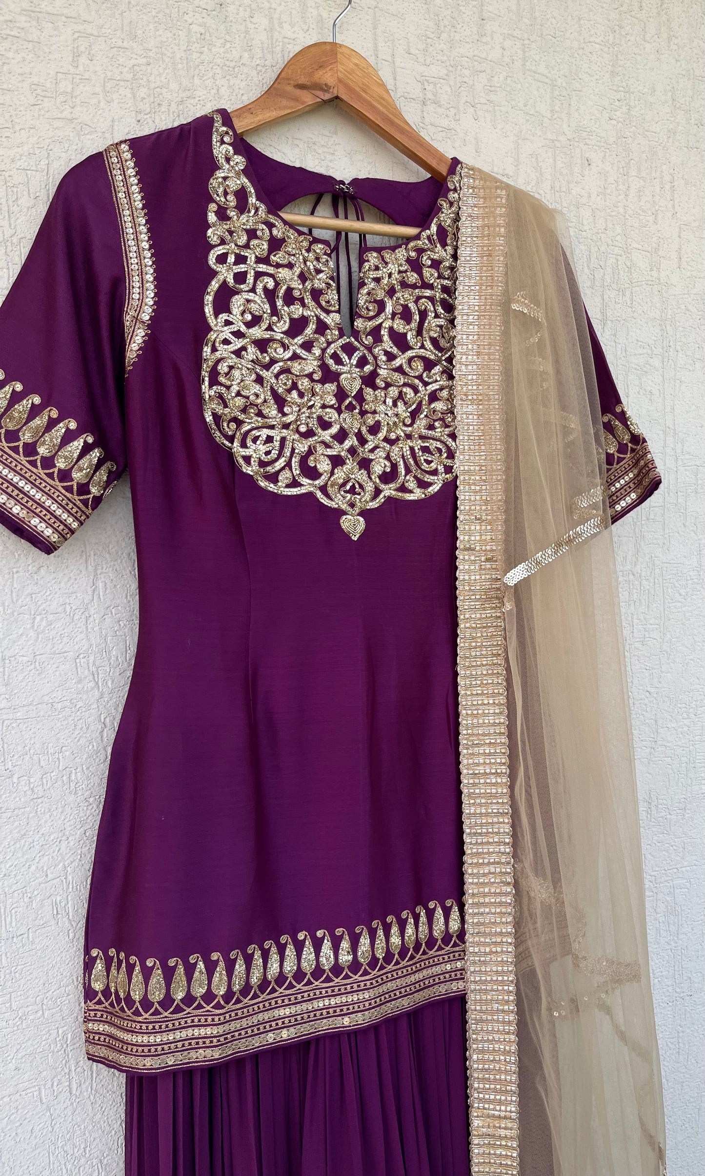 DEEP PURPLE SHORT KURTA GHARARA AND DUPATTA SET