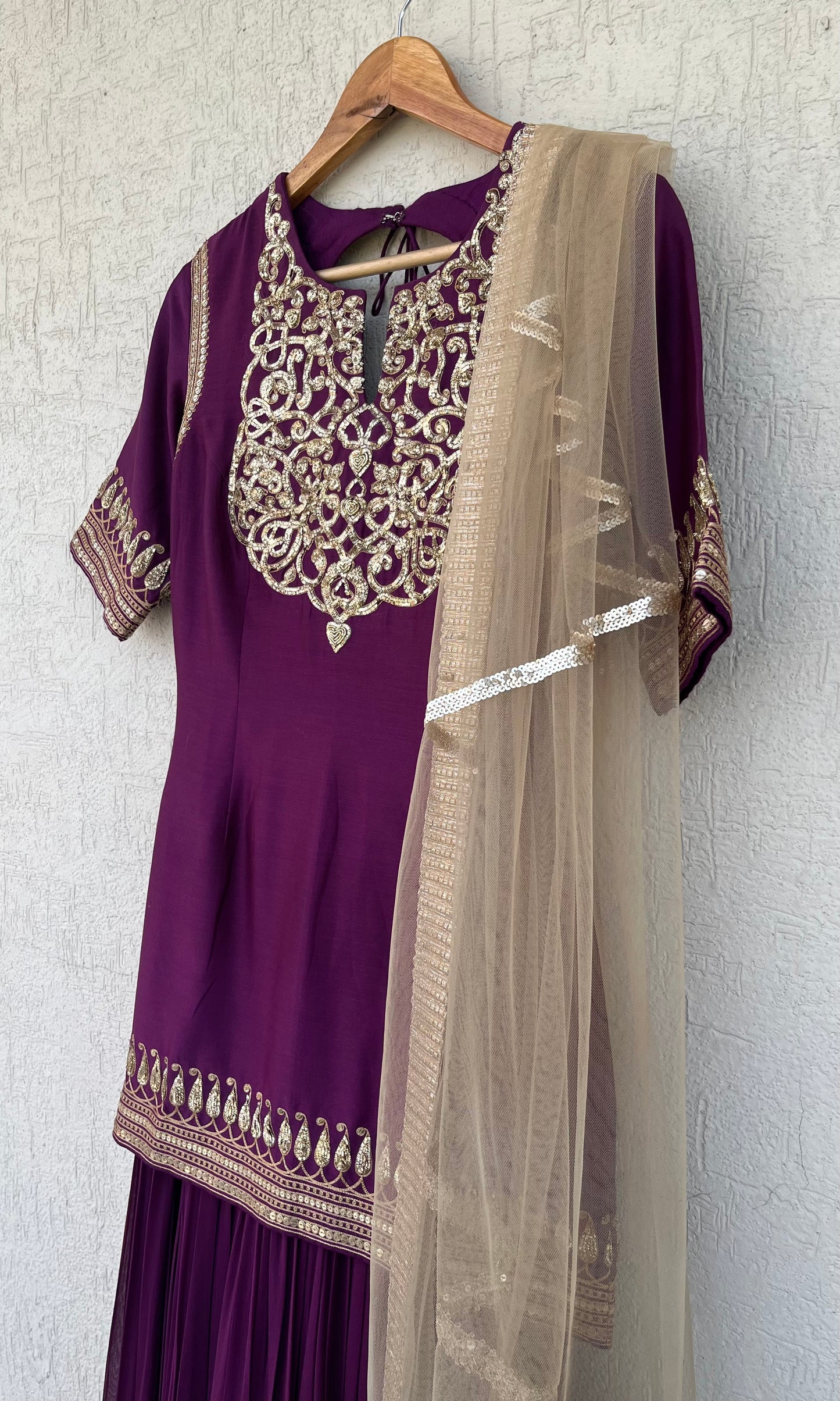 DEEP PURPLE SHORT KURTA GHARARA AND DUPATTA SET