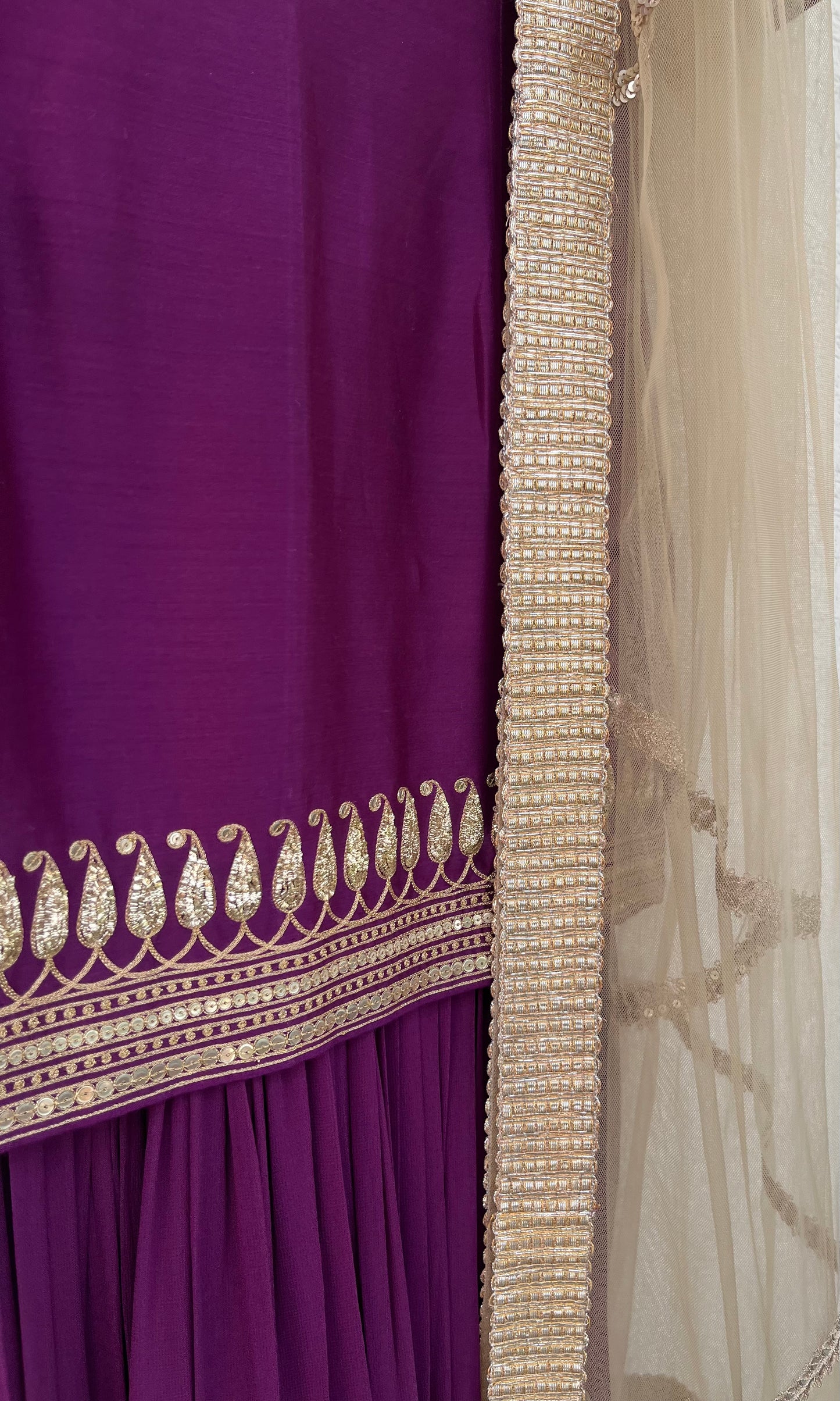 DEEP PURPLE SHORT KURTA GHARARA AND DUPATTA SET
