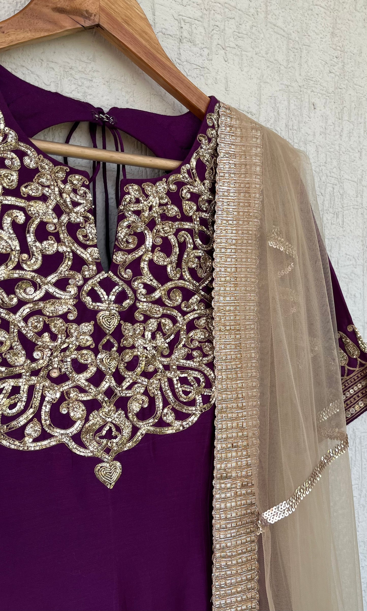 DEEP PURPLE SHORT KURTA GHARARA AND DUPATTA SET