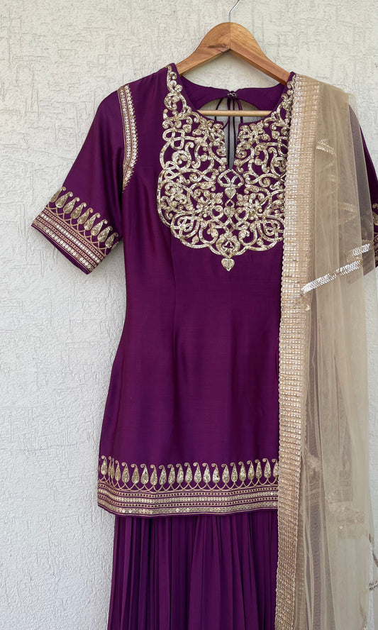 DEEP PURPLE SHORT KURTA GHARARA AND DUPATTA SET