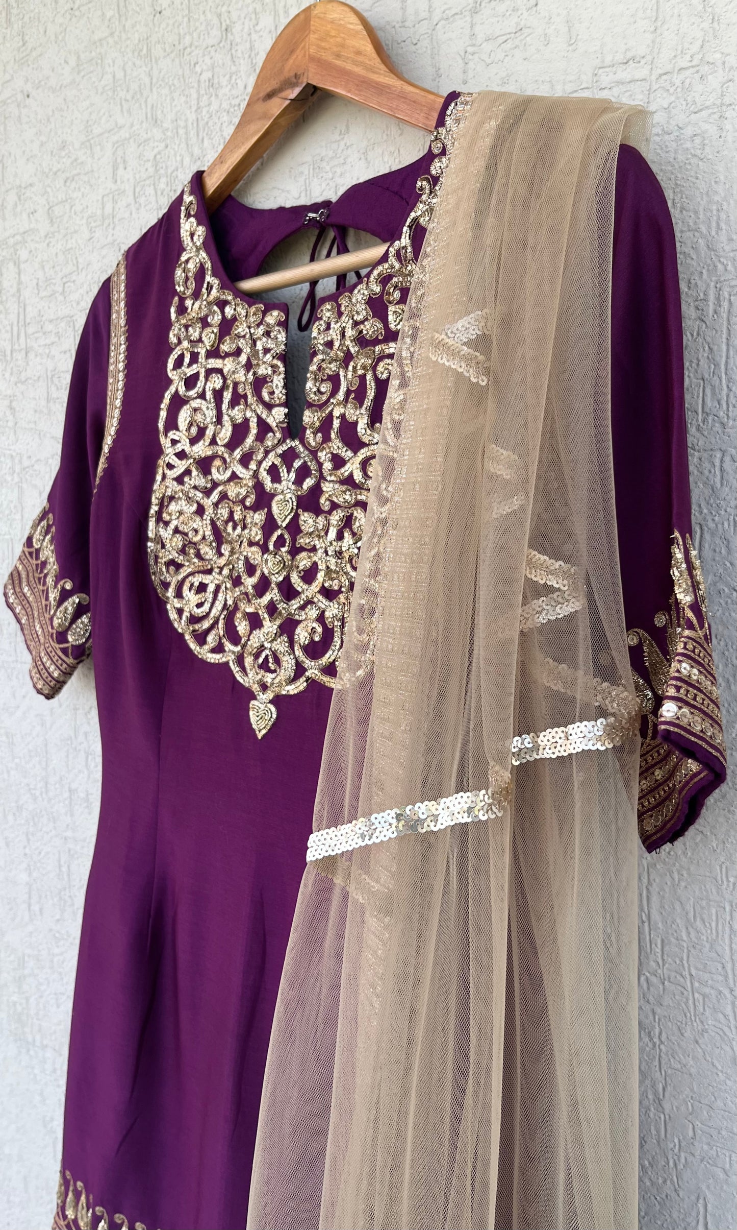 DEEP PURPLE SHORT KURTA GHARARA AND DUPATTA SET