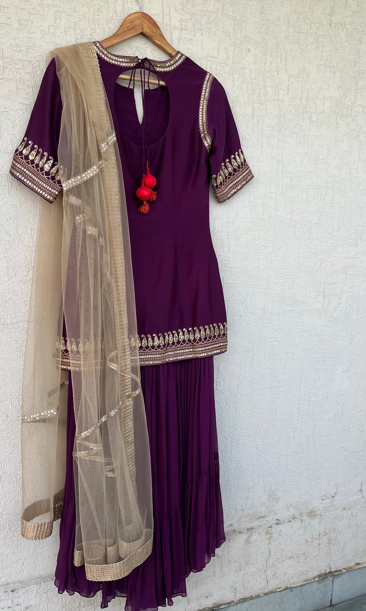 DEEP PURPLE SHORT KURTA GHARARA AND DUPATTA SET