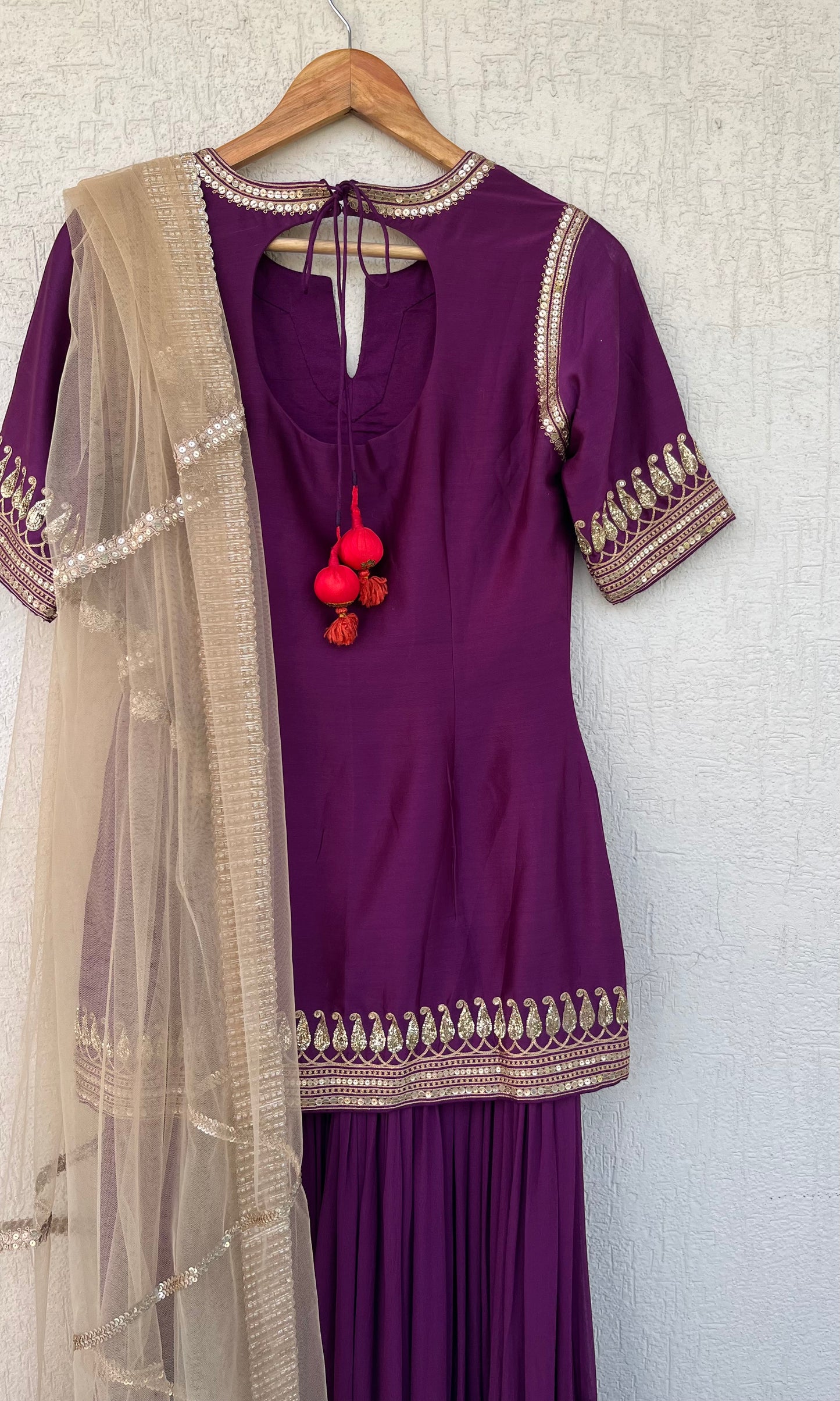 DEEP PURPLE SHORT KURTA GHARARA AND DUPATTA SET