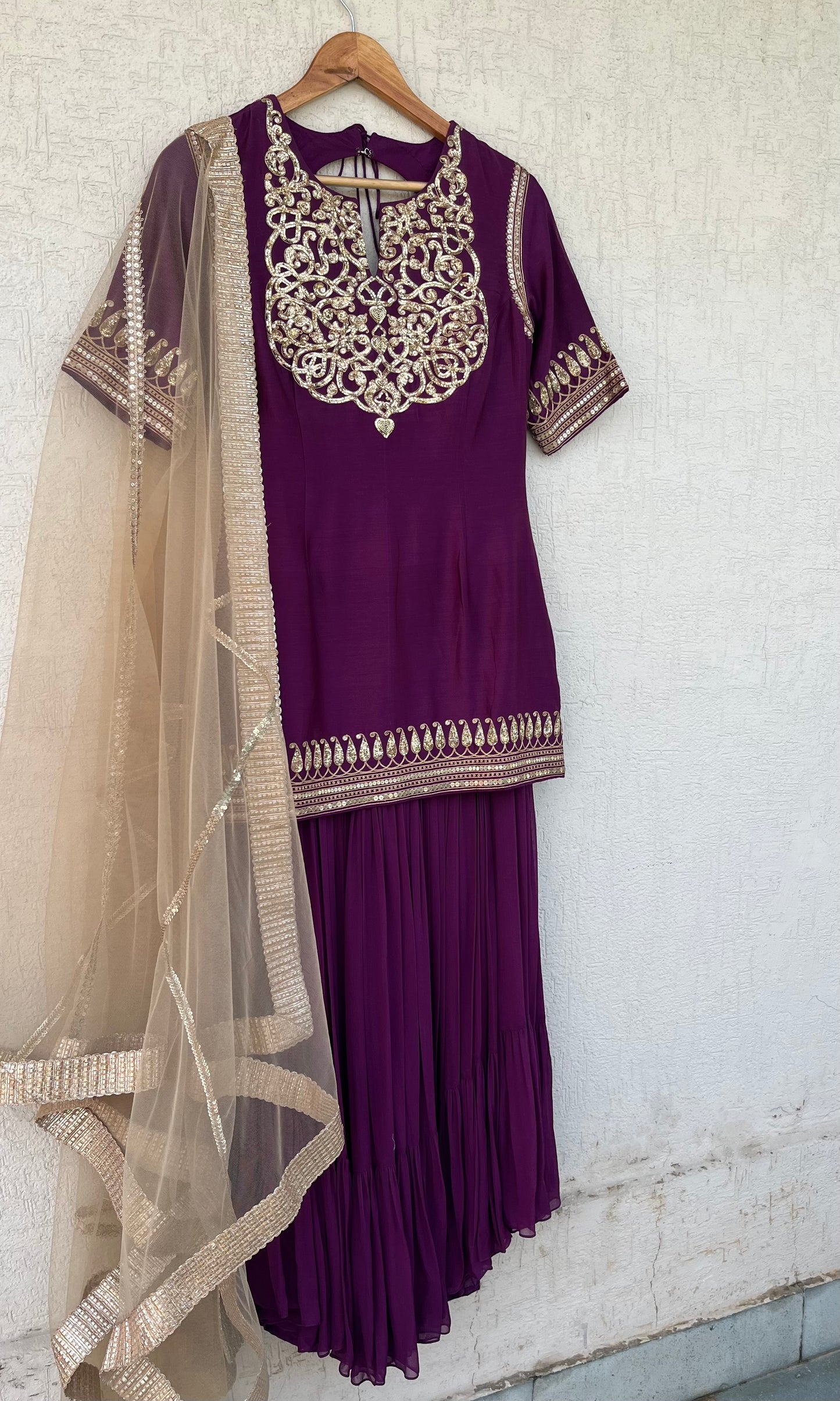 DEEP PURPLE SHORT KURTA GHARARA AND DUPATTA SET