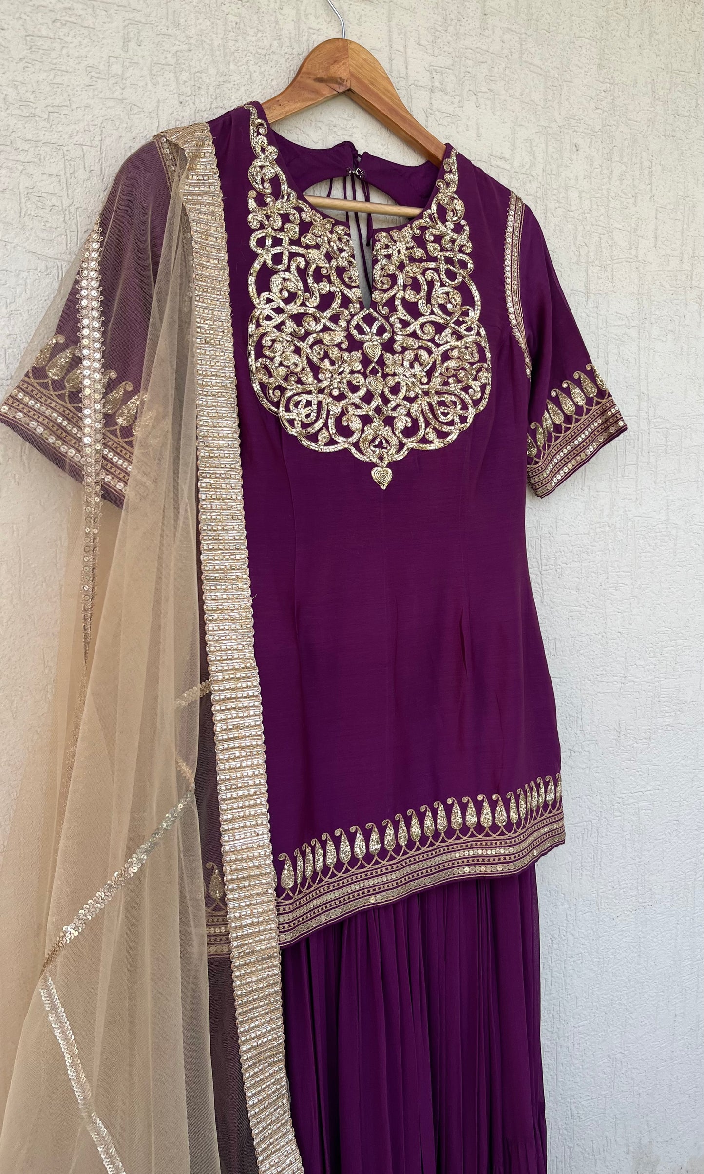 DEEP PURPLE SHORT KURTA GHARARA AND DUPATTA SET