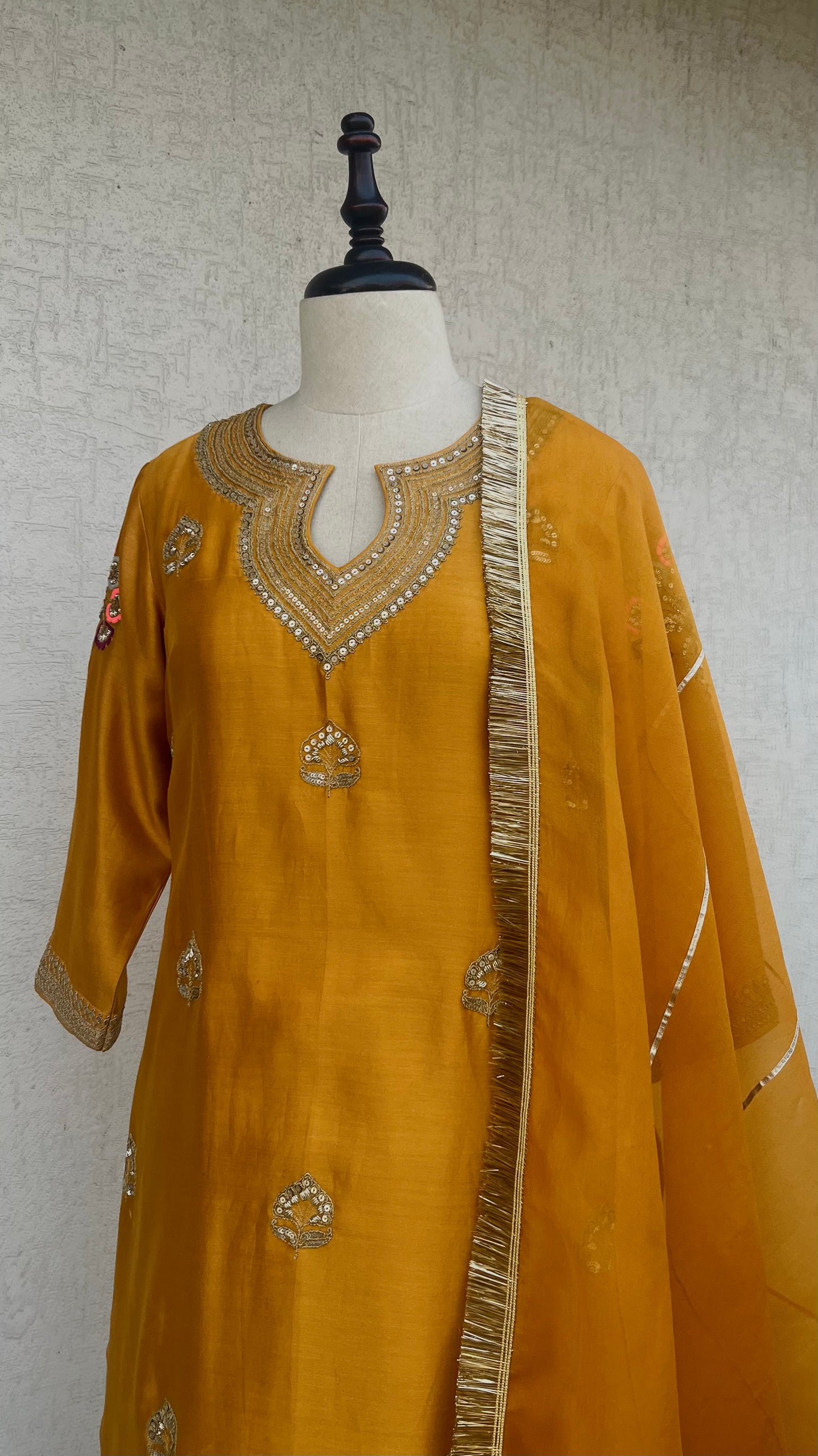 MUSTARD STRAIGHT KURTA, PANTS & DUPATTA SET