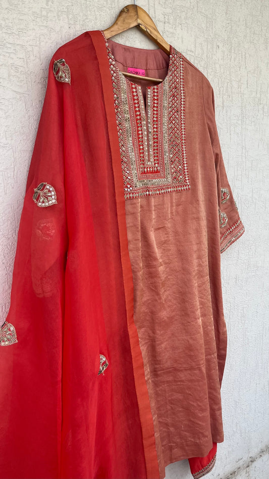 SCARLET SILK TISSUE KURTA SET