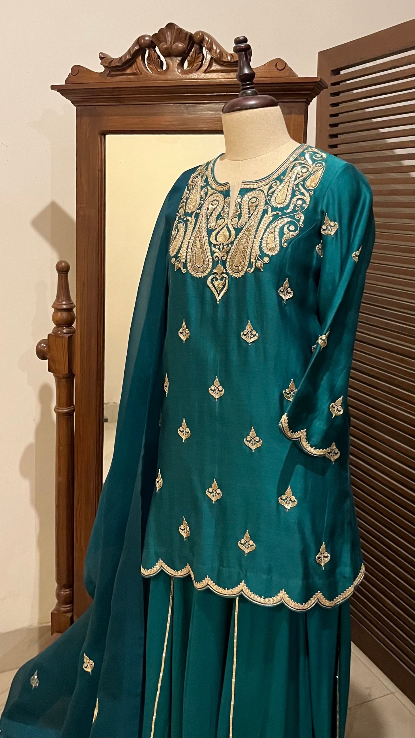 BOTTLE GREEN KURTA, PALAZZO & DUPATTA SET