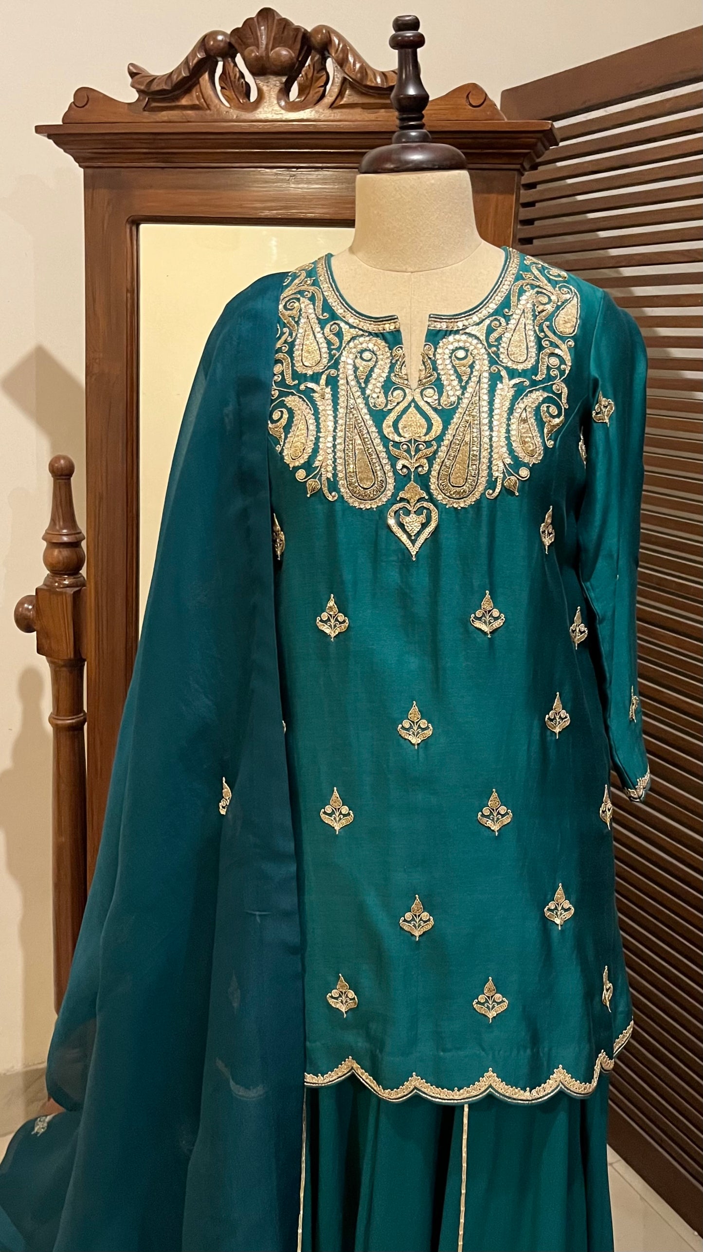 BOTTLE GREEN KURTA, PALAZZO & DUPATTA SET