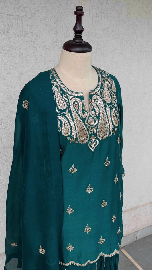 BOTTLE GREEN KURTA AND GHARARA SET