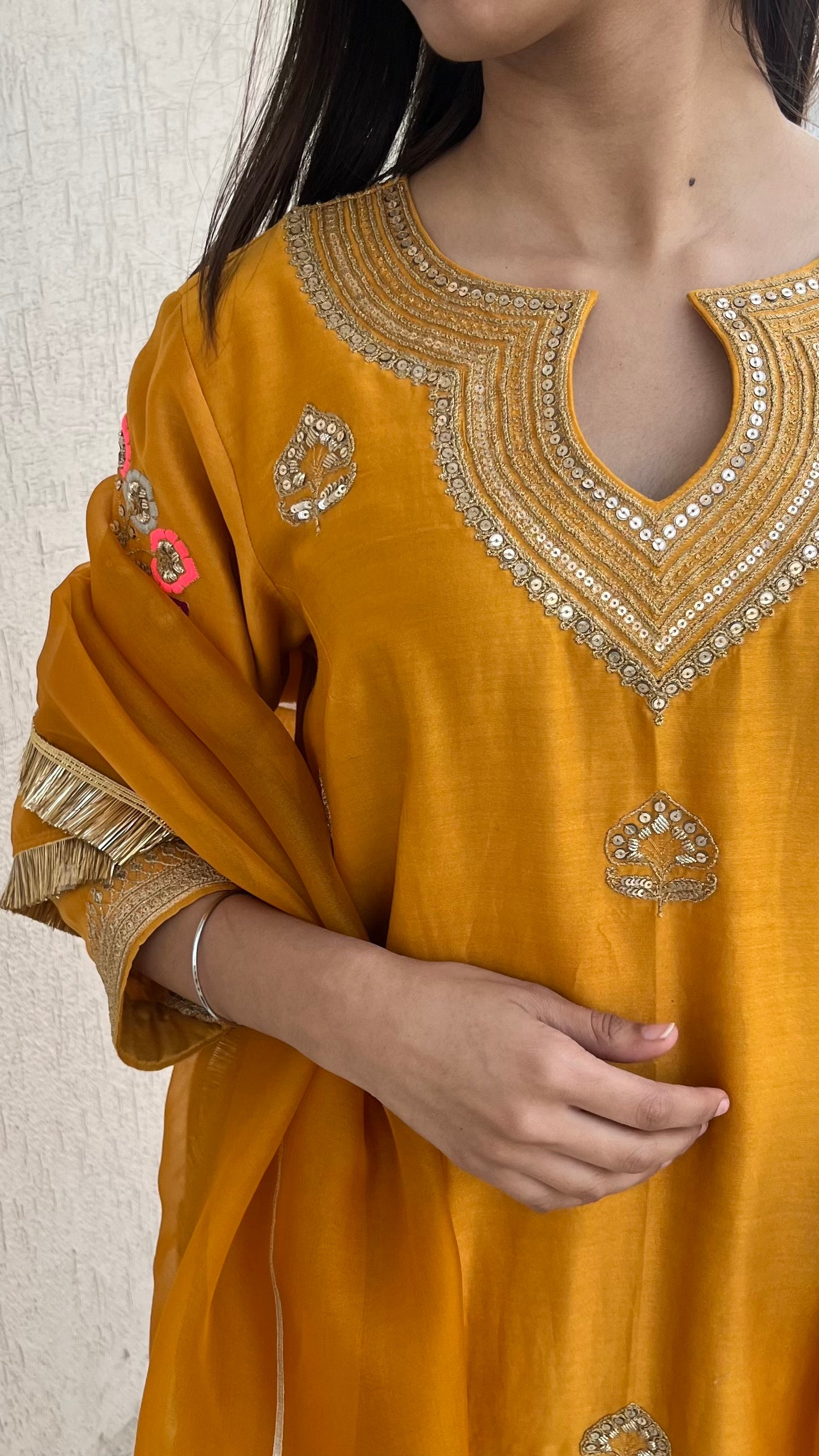 MUSTARD STRAIGHT KURTA, PANTS & DUPATTA SET
