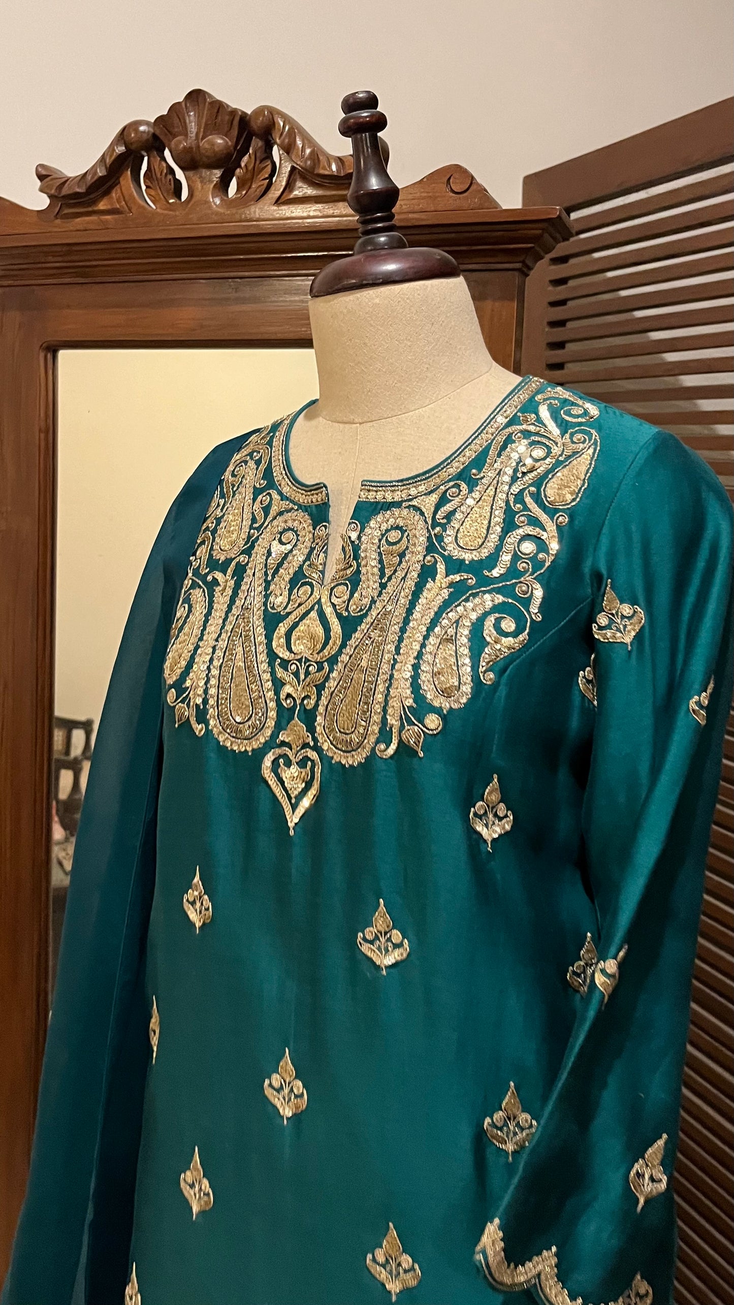 BOTTLE GREEN KURTA, PALAZZO & DUPATTA SET