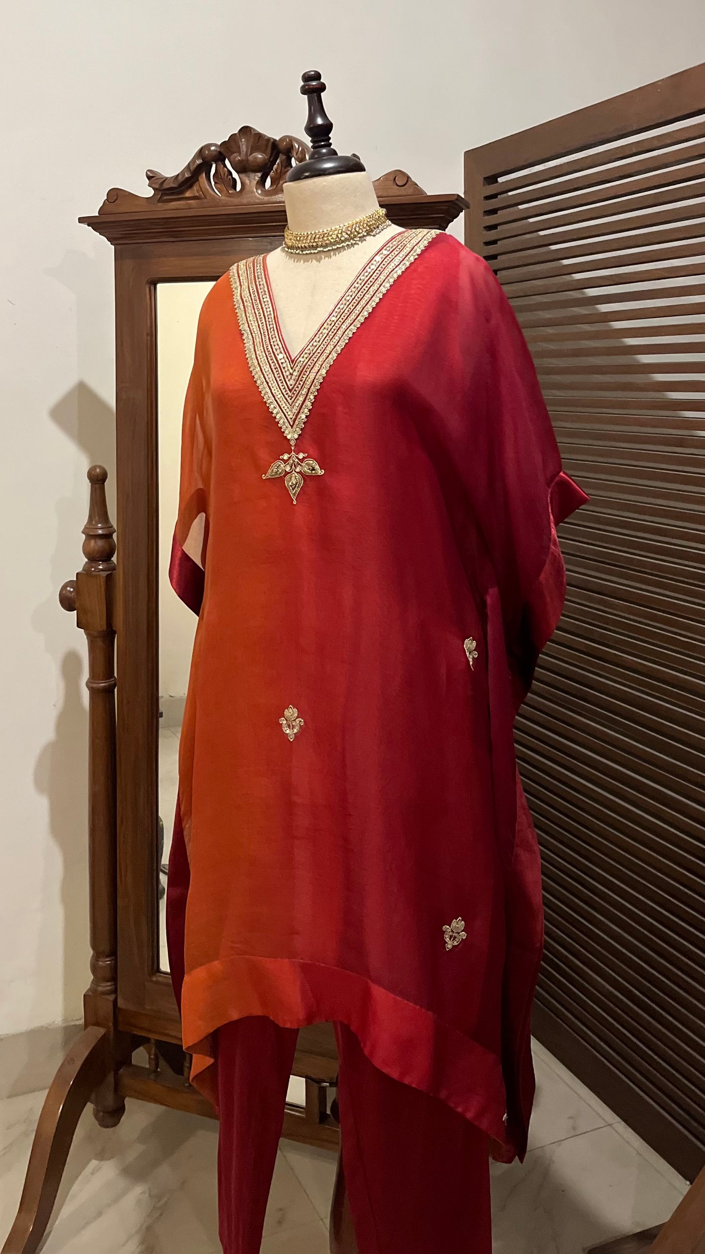RUBY RED AND RUST ORGANZA KAFTAN