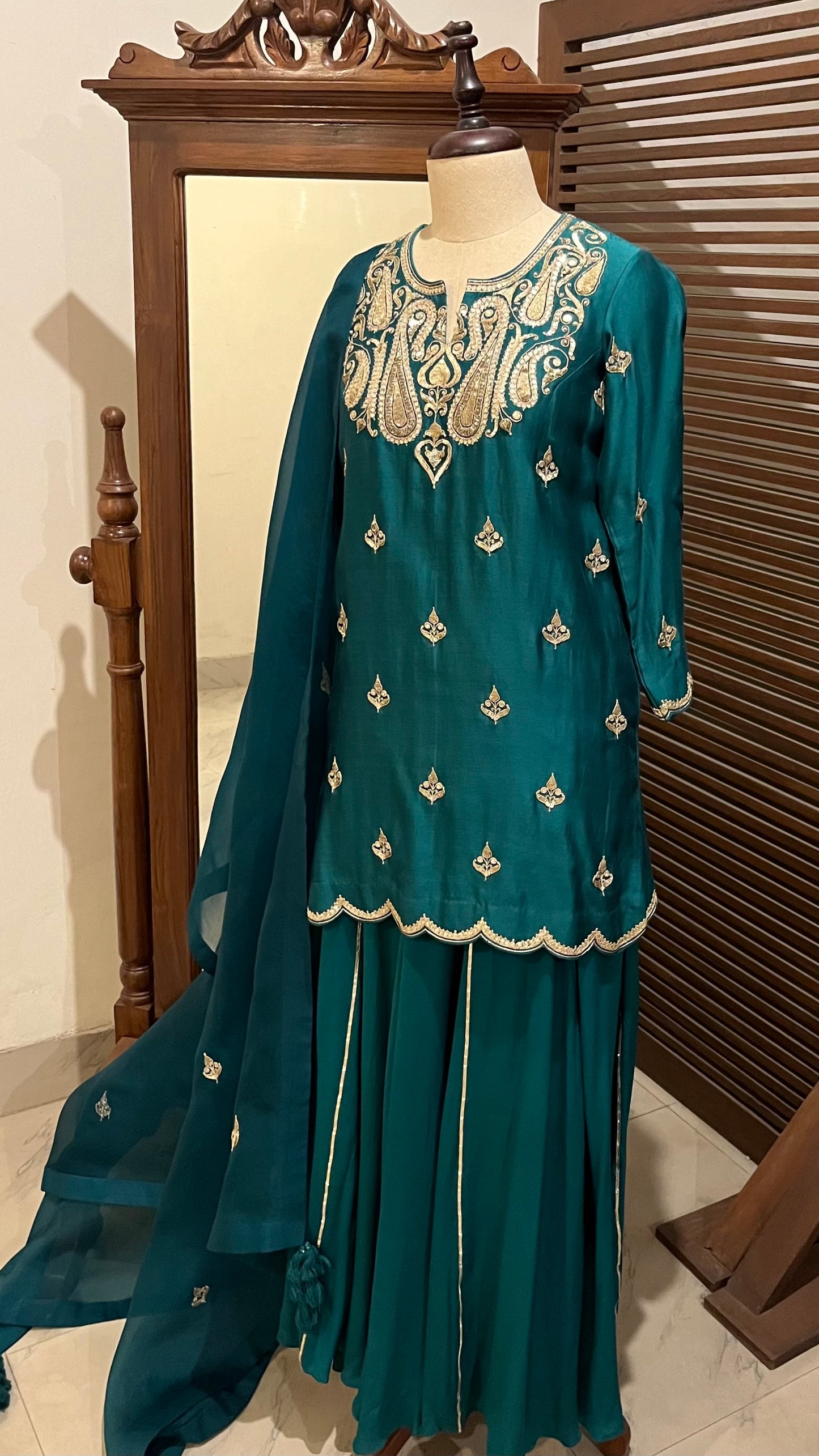 BOTTLE GREEN KURTA, PALAZZO & DUPATTA SET