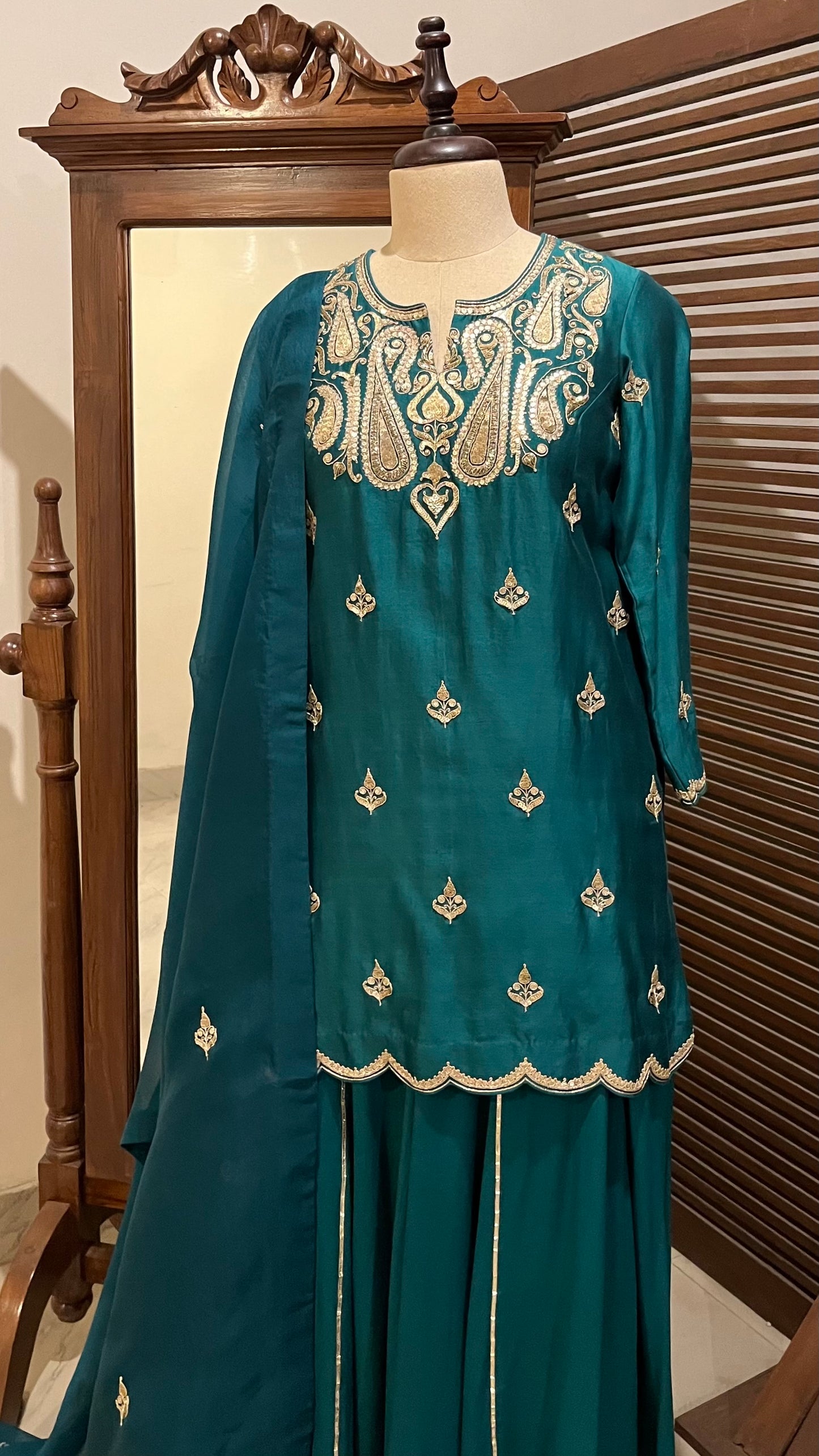 BOTTLE GREEN KURTA, PALAZZO & DUPATTA SET