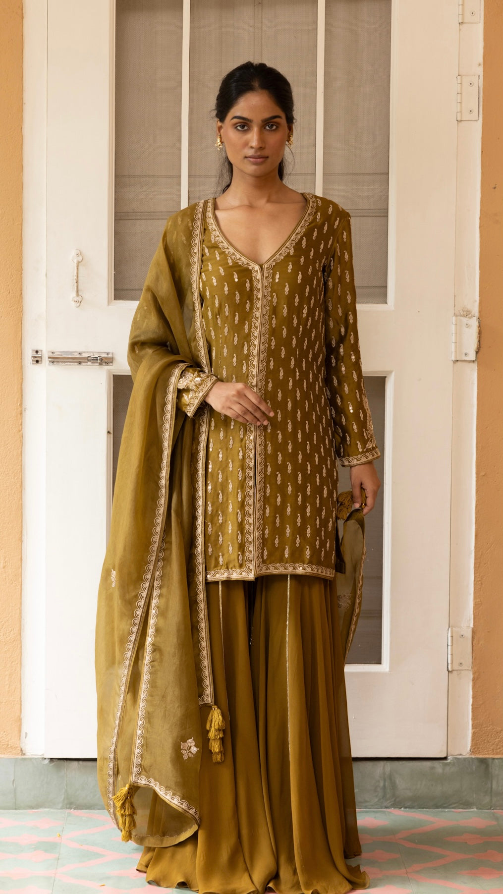 OLIVE JACKET GHARARA & DUPATTA SET