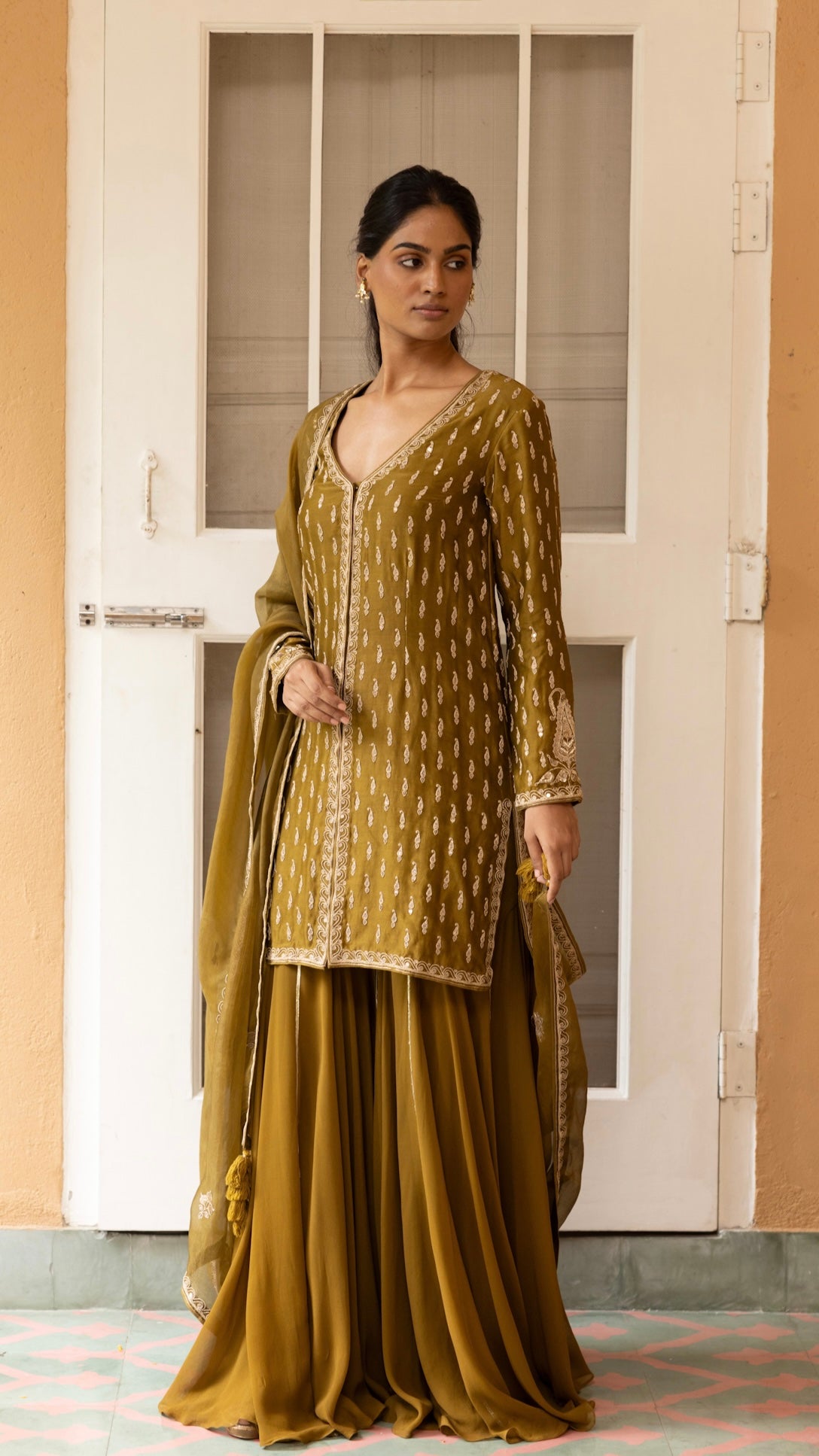 OLIVE JACKET GHARARA & DUPATTA SET