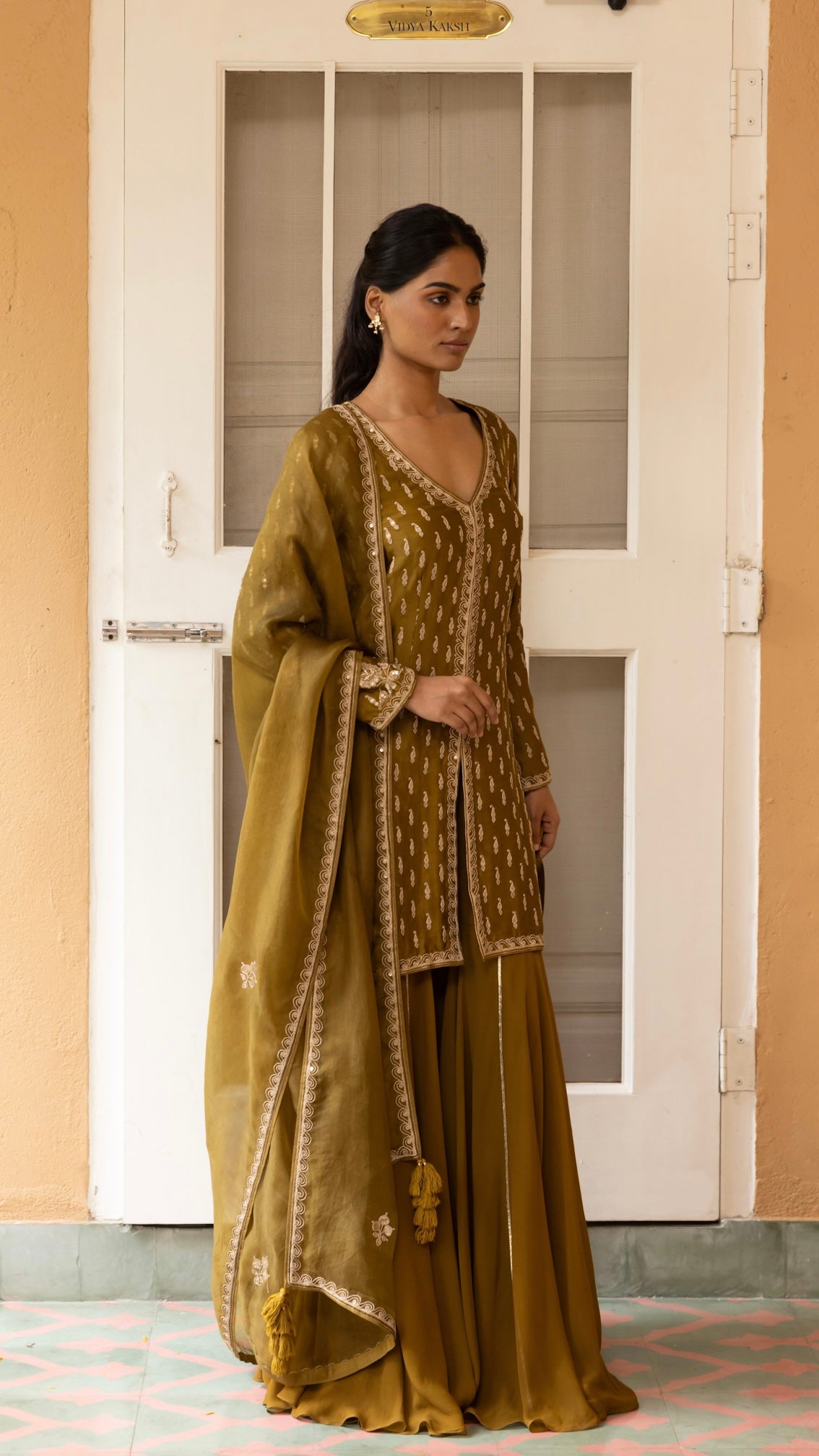 OLIVE JACKET GHARARA & DUPATTA SET