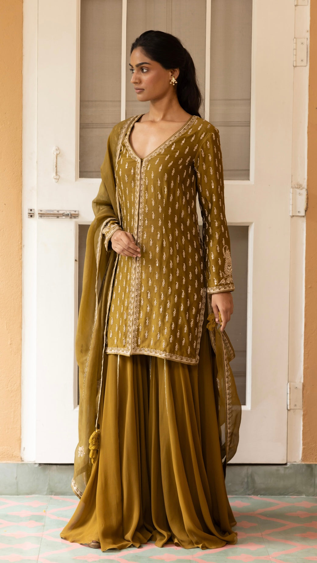 OLIVE JACKET GHARARA & DUPATTA SET