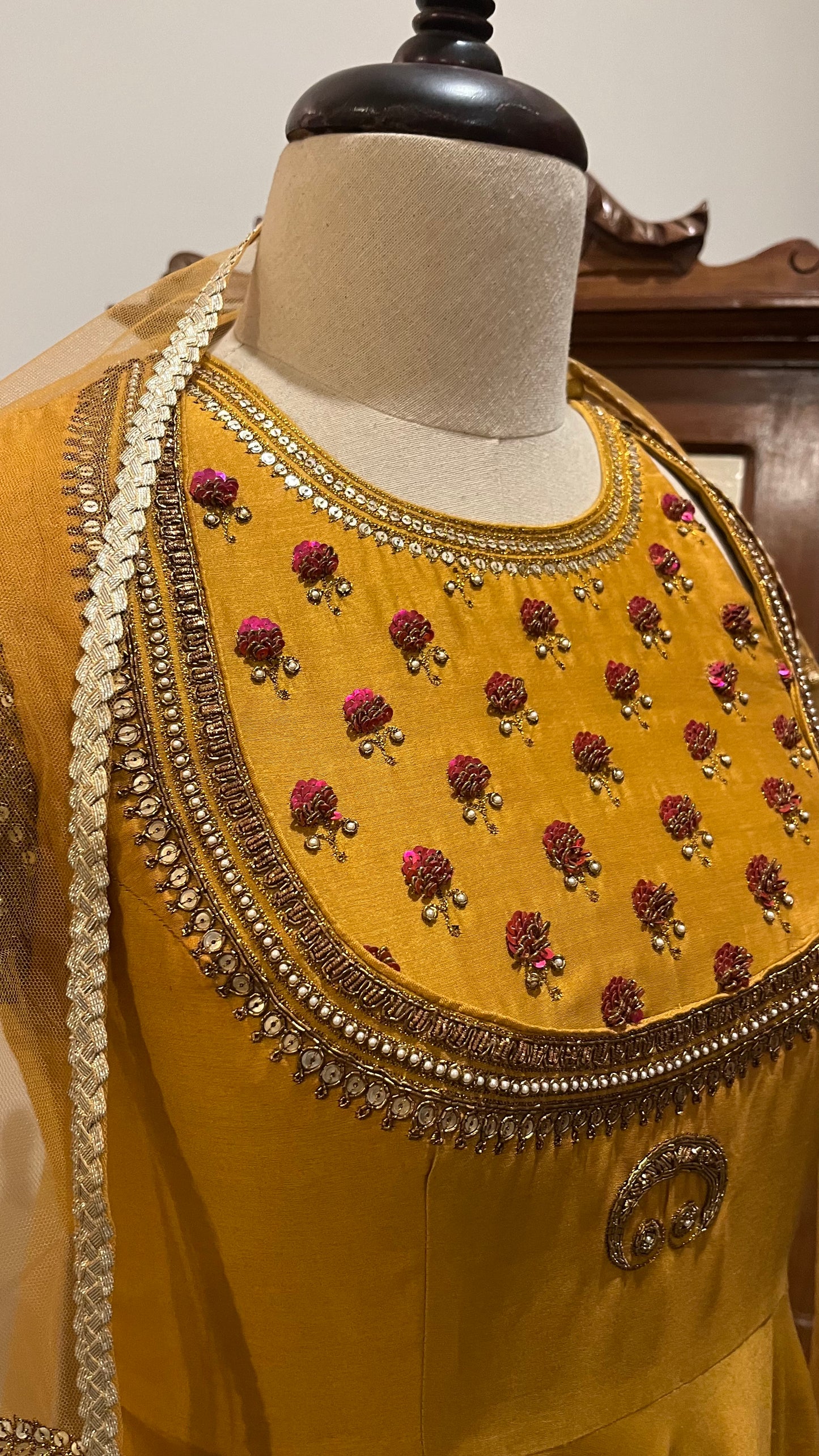 MUSTARD ANARKALI DUPATTA AND CHURIDAAR SET