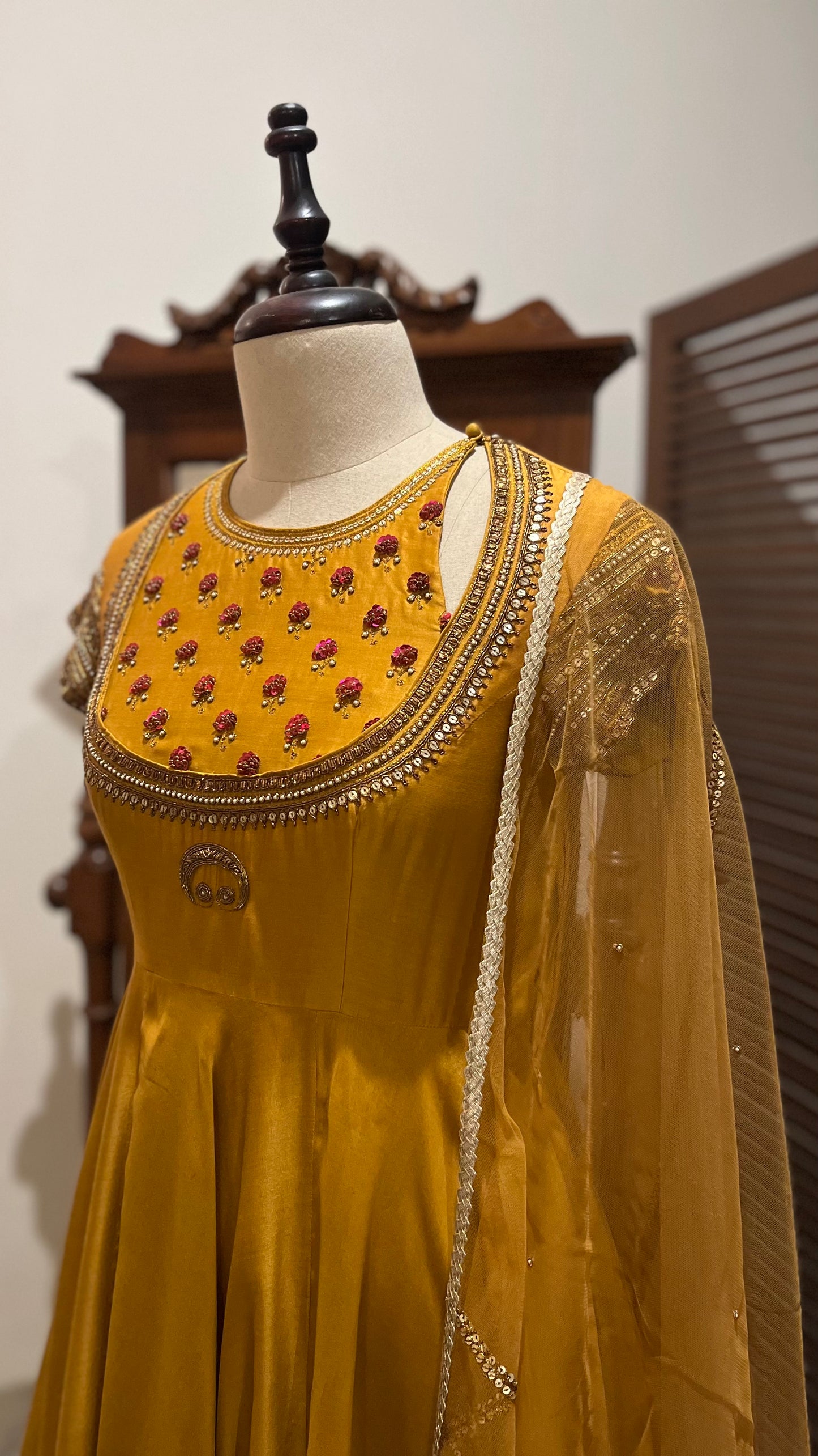 MUSTARD ANARKALI DUPATTA AND CHURIDAAR SET