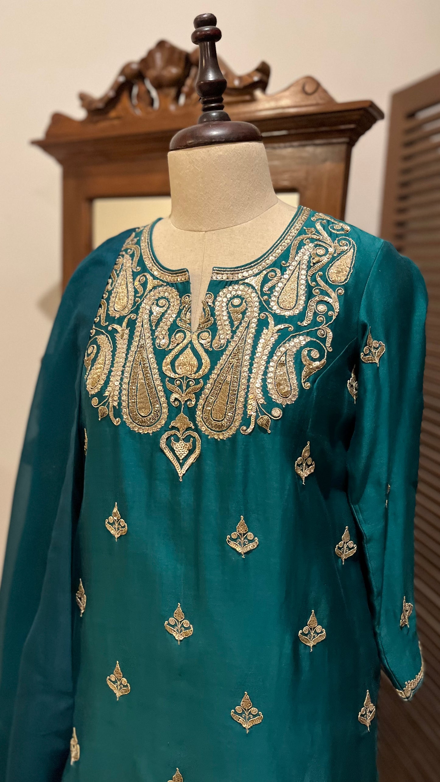 BOTTLE GREEN KURTA, PALAZZO & DUPATTA SET