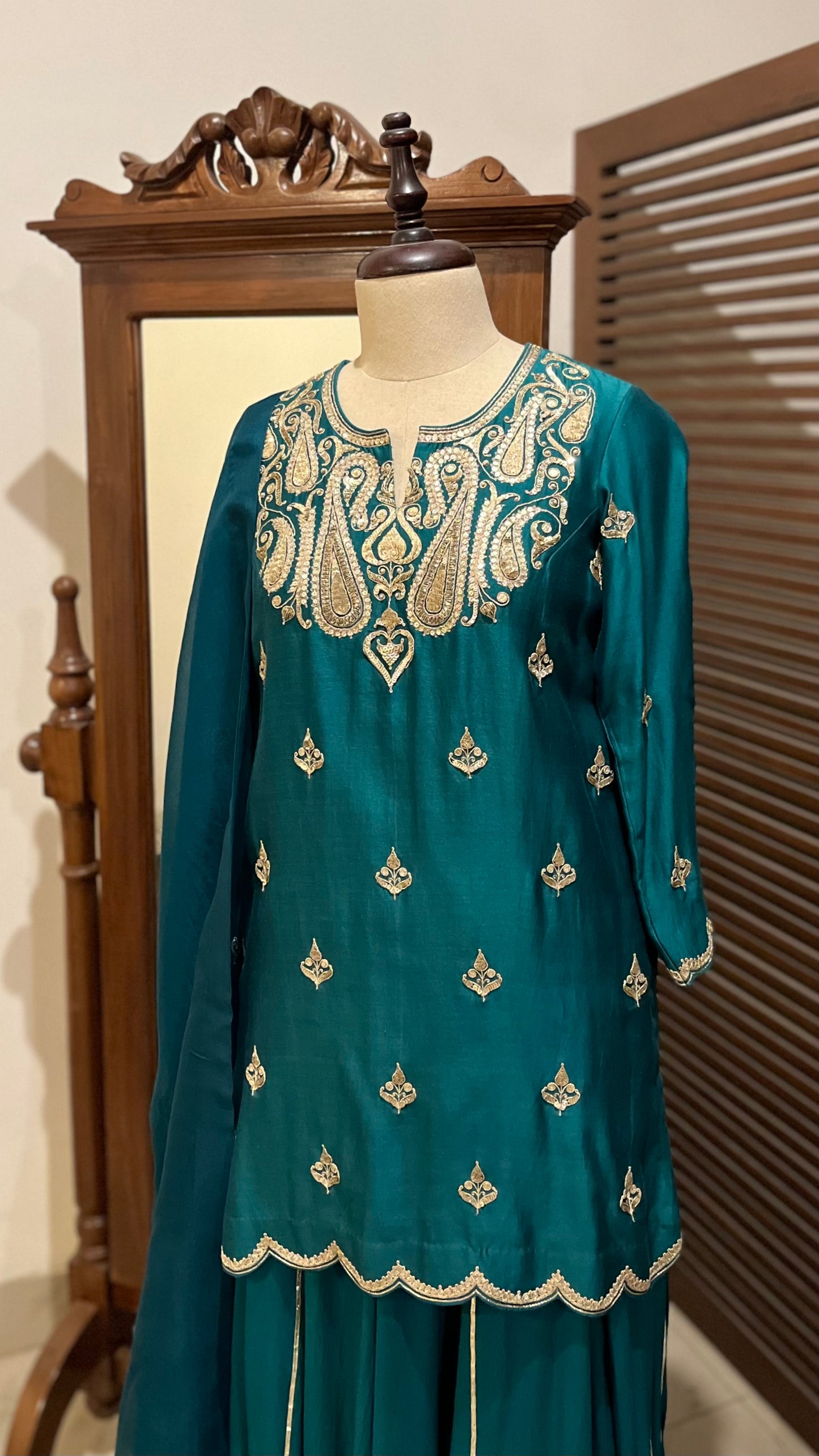 BOTTLE GREEN KURTA, PALAZZO & DUPATTA SET