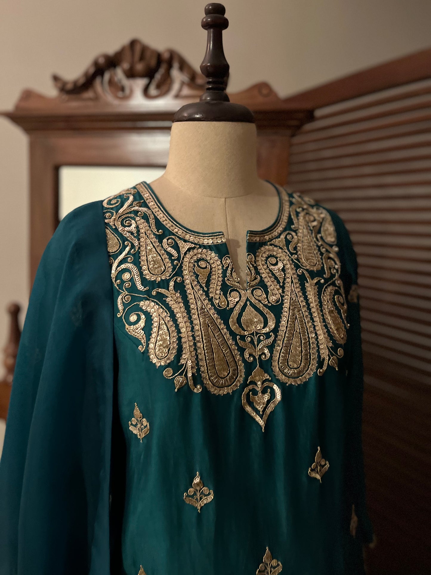 BOTTLE GREEN KURTA, PALAZZO & DUPATTA SET