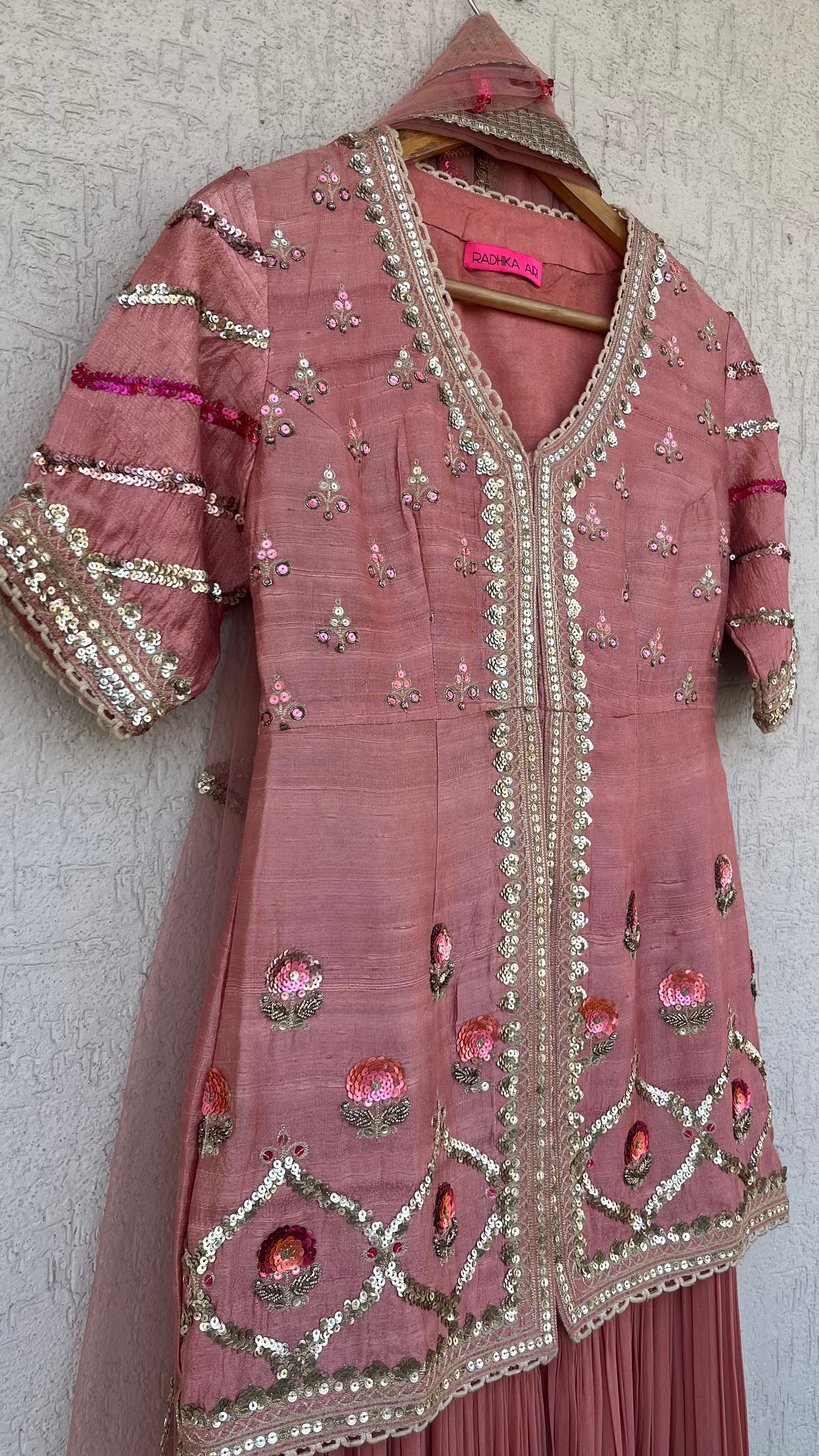 PEACH JACKET GHARARA AND DUPATTA SET
