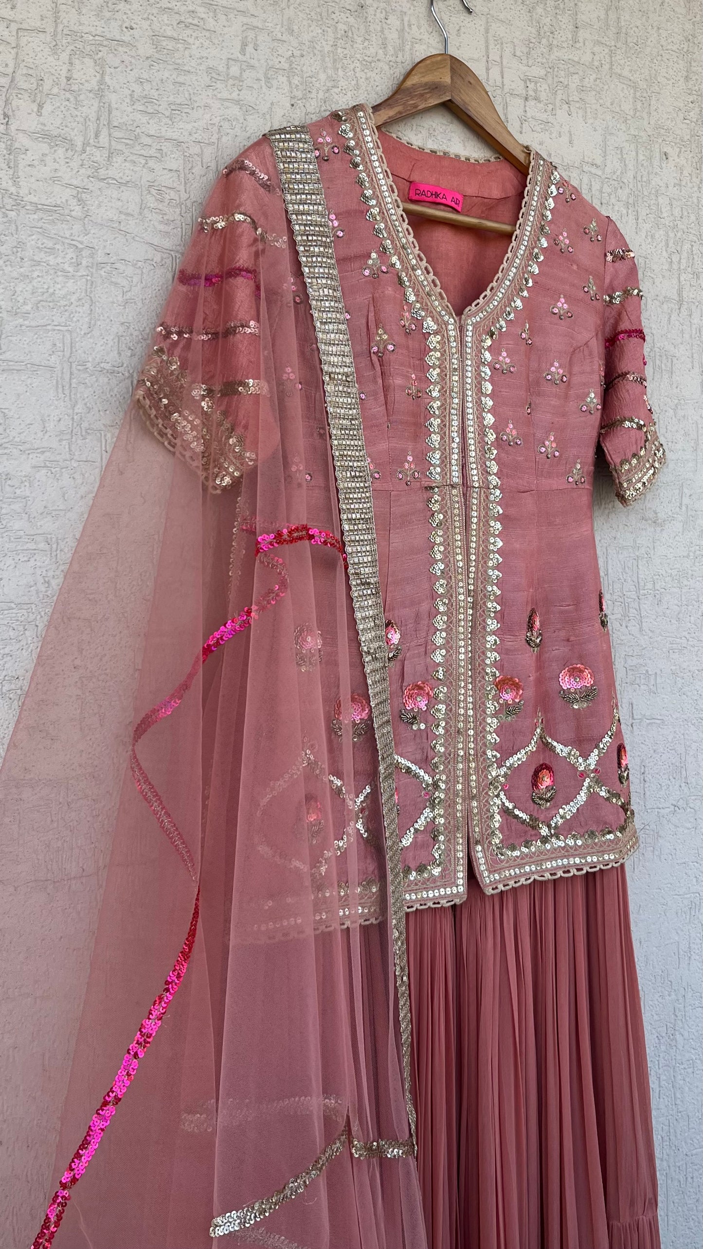 PEACH JACKET GHARARA AND DUPATTA SET