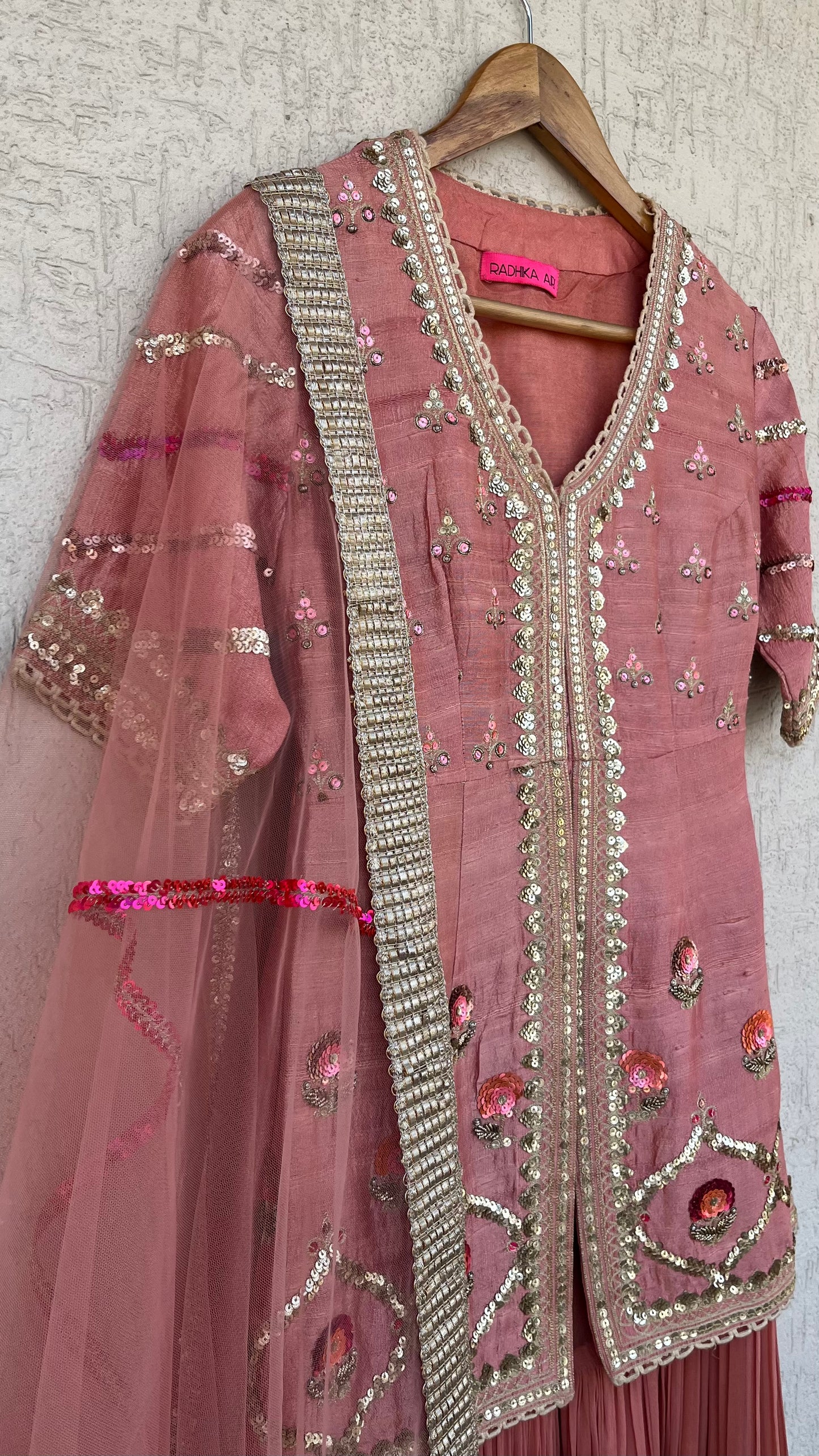 PEACH JACKET GHARARA AND DUPATTA SET