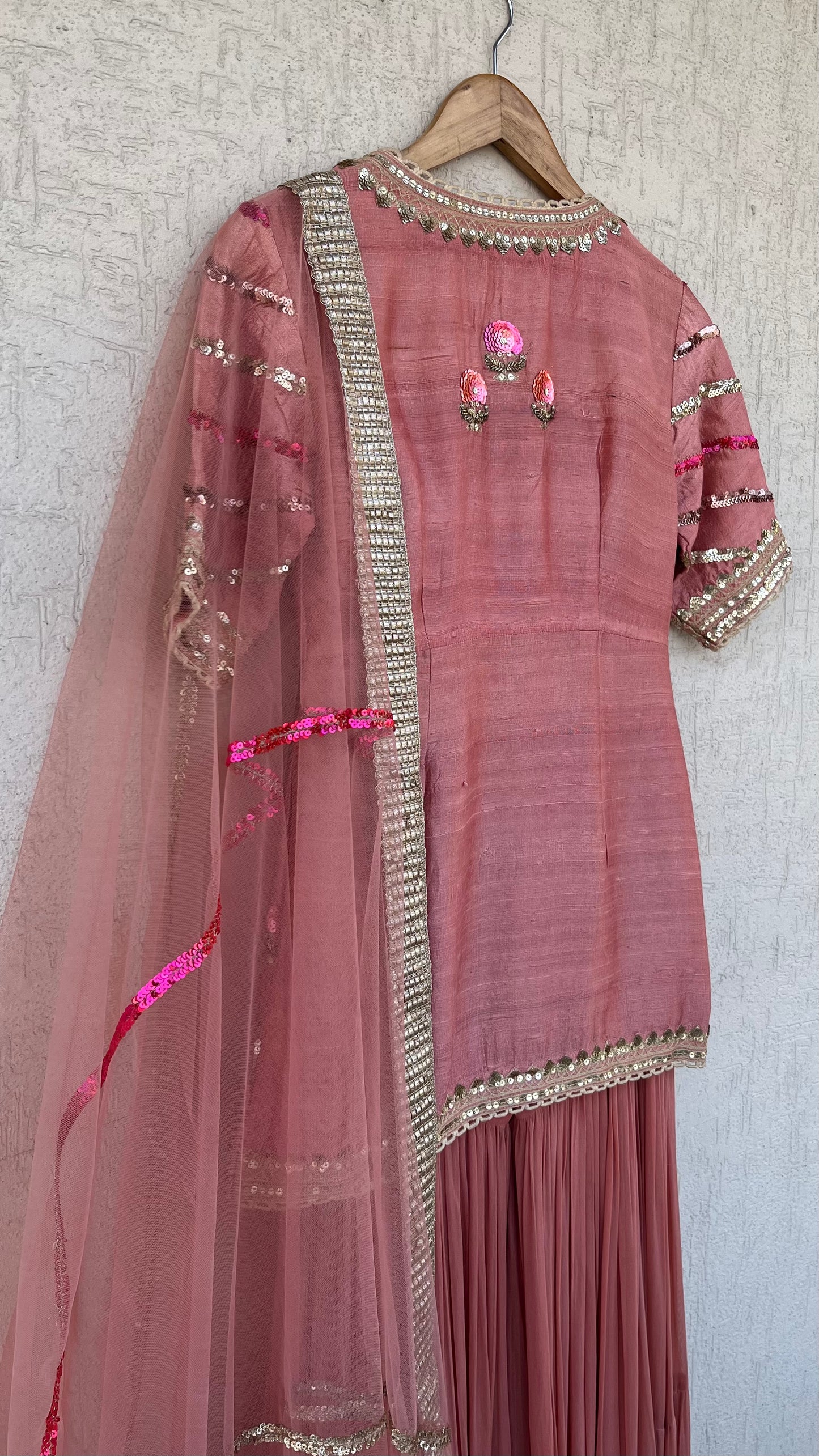 PEACH JACKET GHARARA AND DUPATTA SET