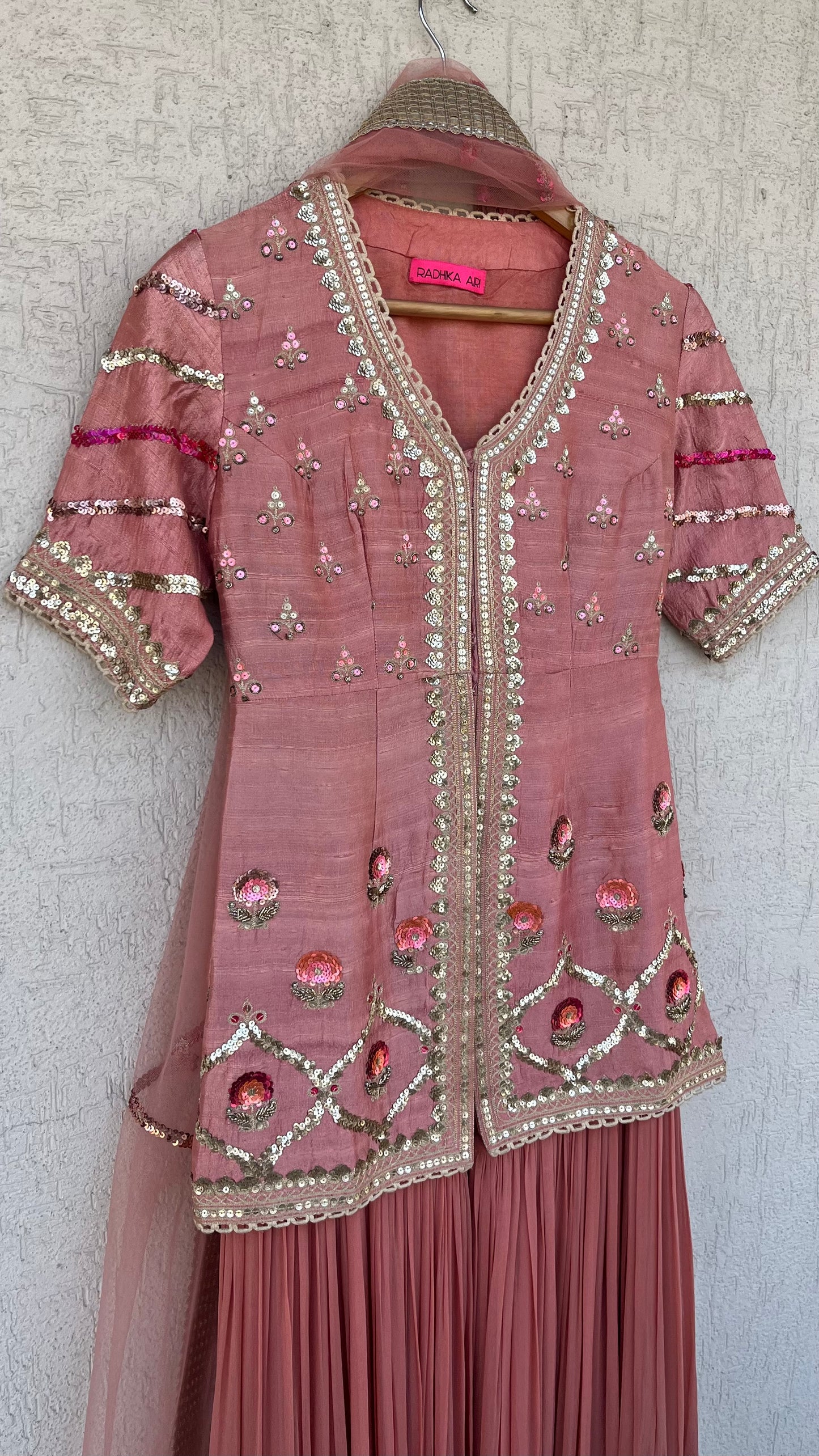 PEACH JACKET GHARARA AND DUPATTA SET