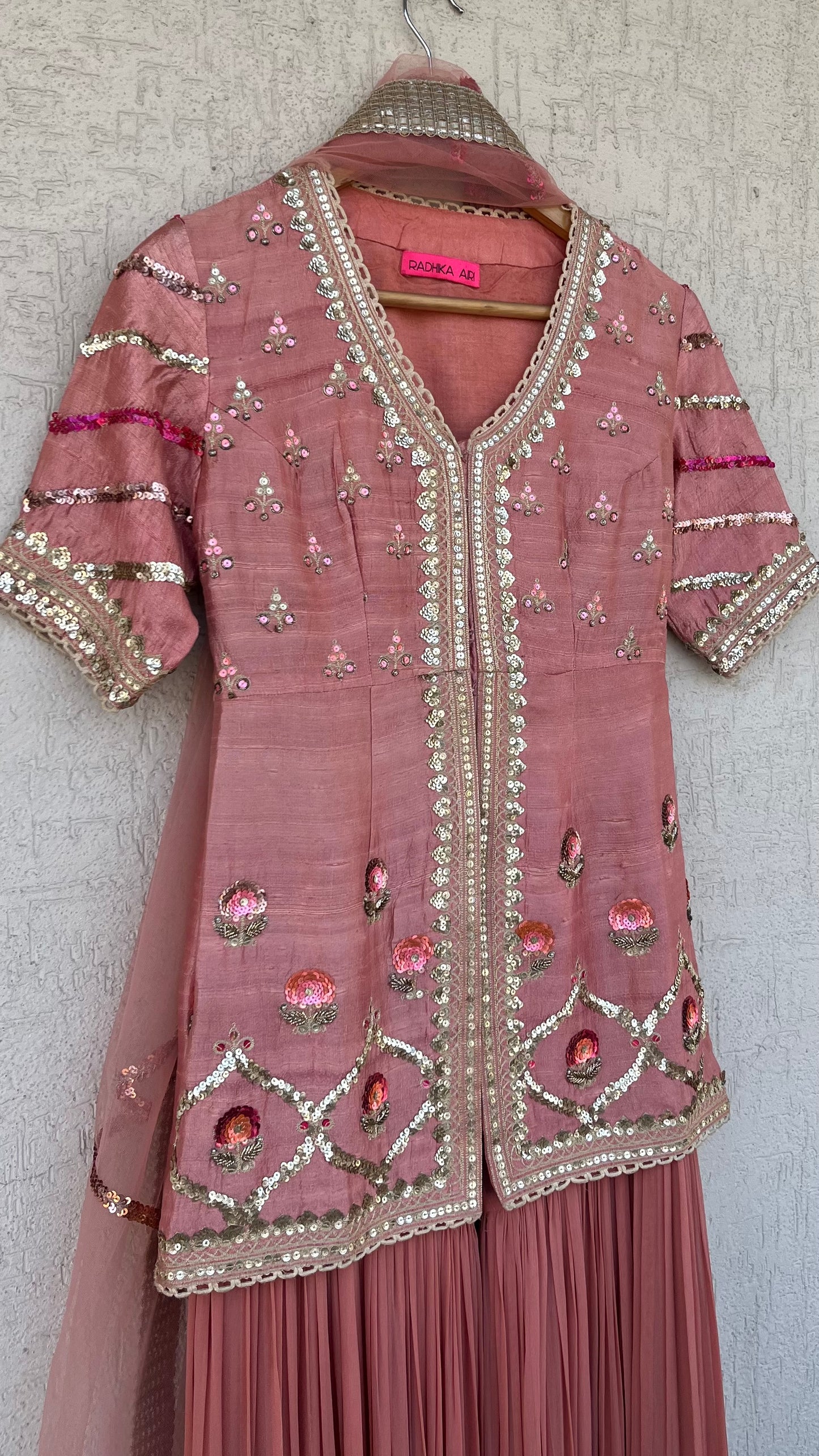 PEACH JACKET GHARARA AND DUPATTA SET