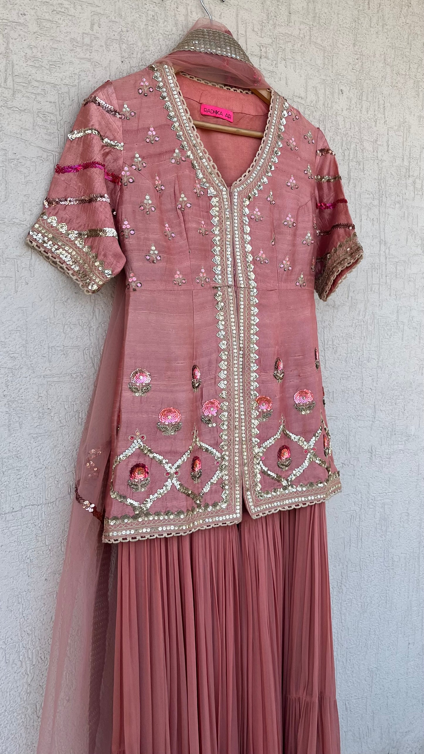 PEACH JACKET GHARARA AND DUPATTA SET
