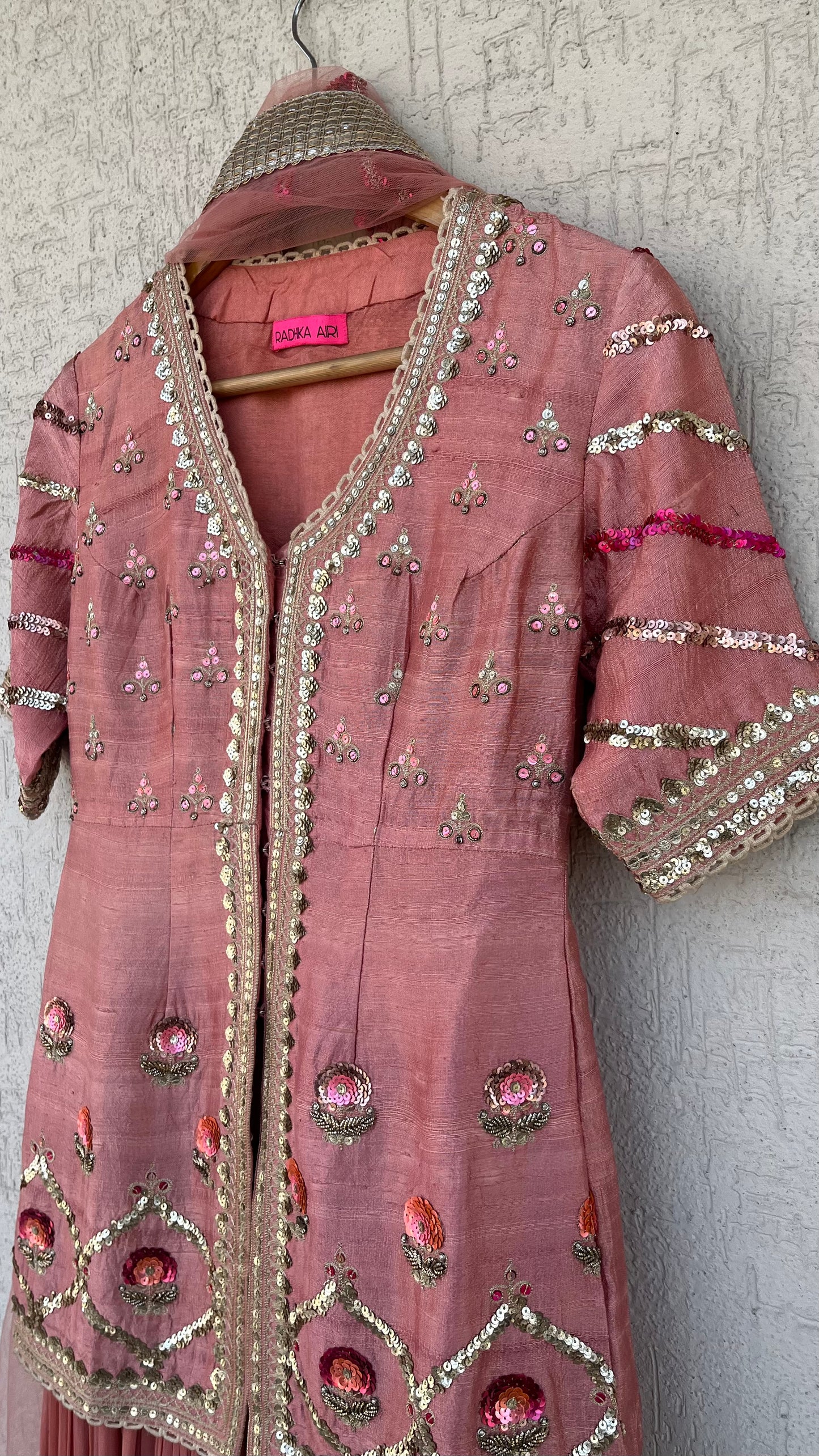 PEACH JACKET GHARARA AND DUPATTA SET