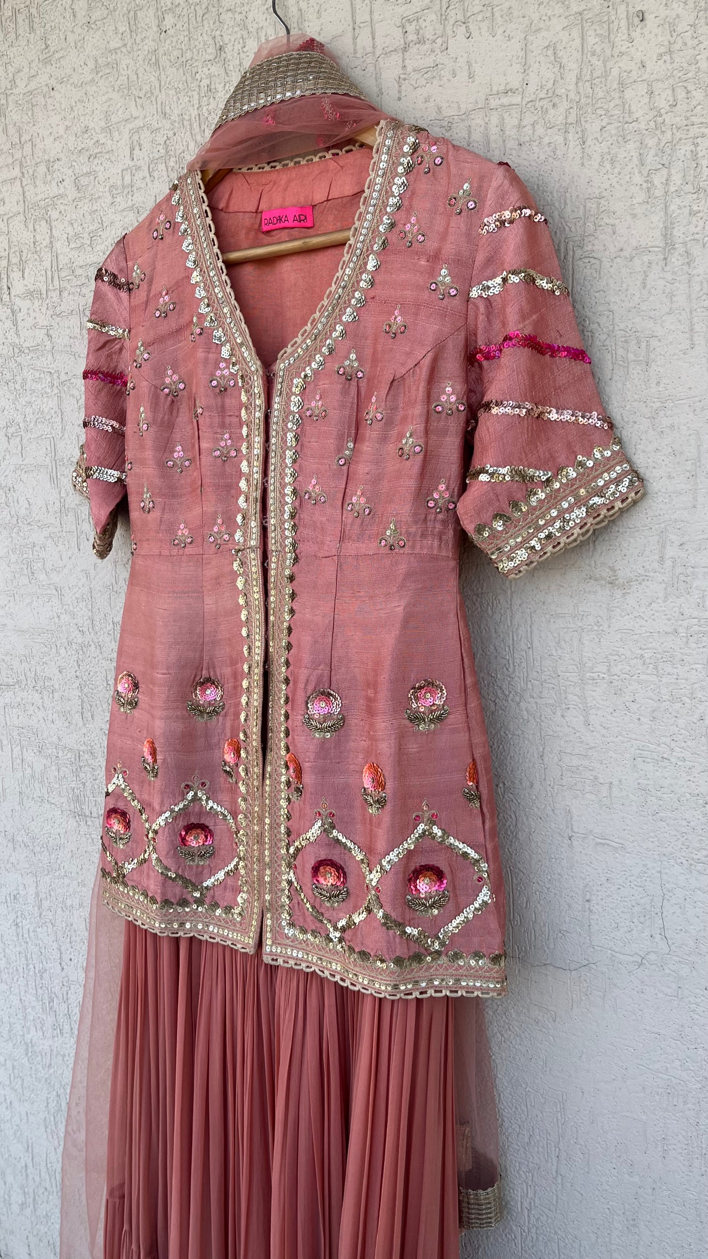 PEACH JACKET GHARARA AND DUPATTA SET