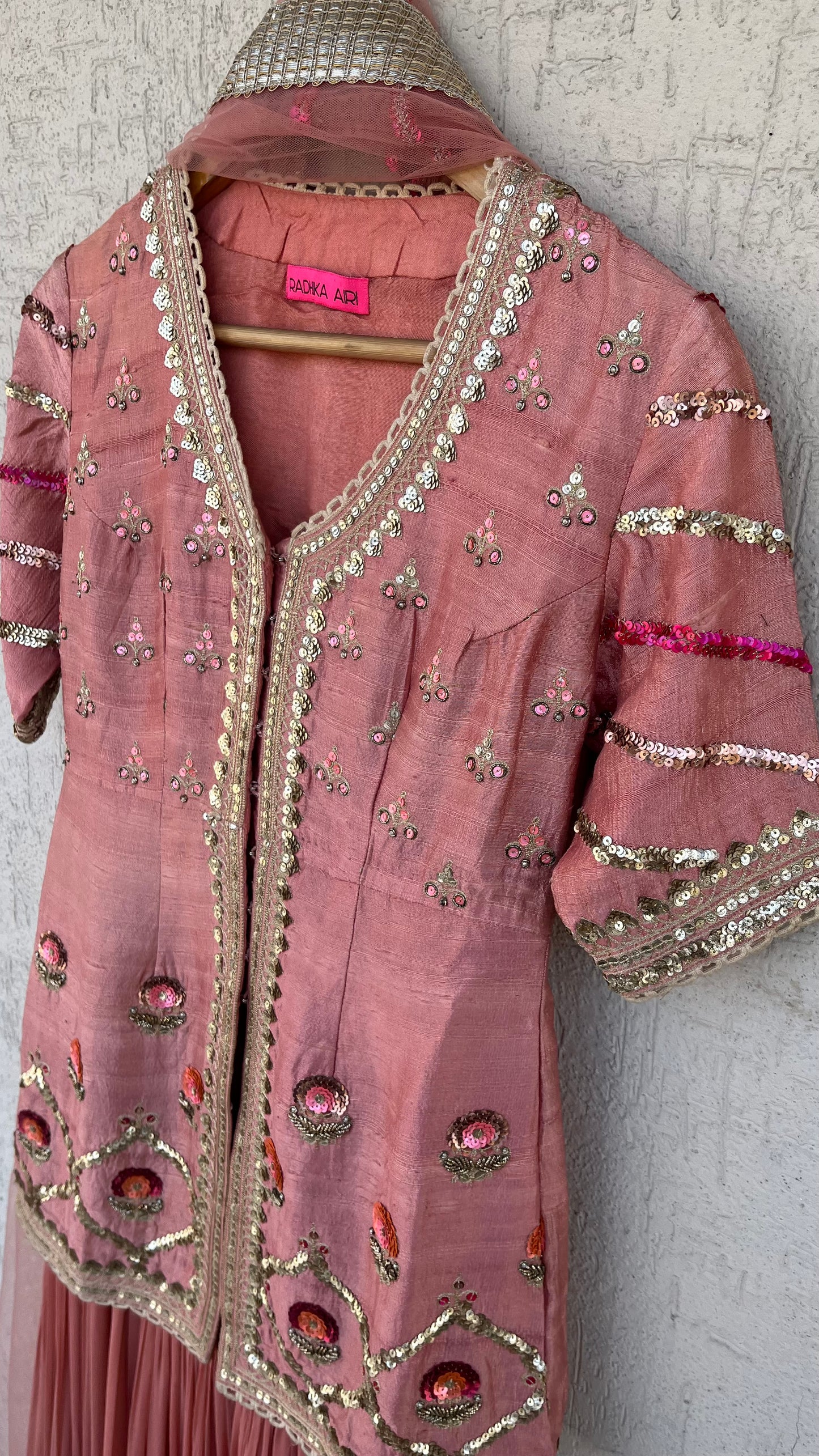 PEACH JACKET GHARARA AND DUPATTA SET