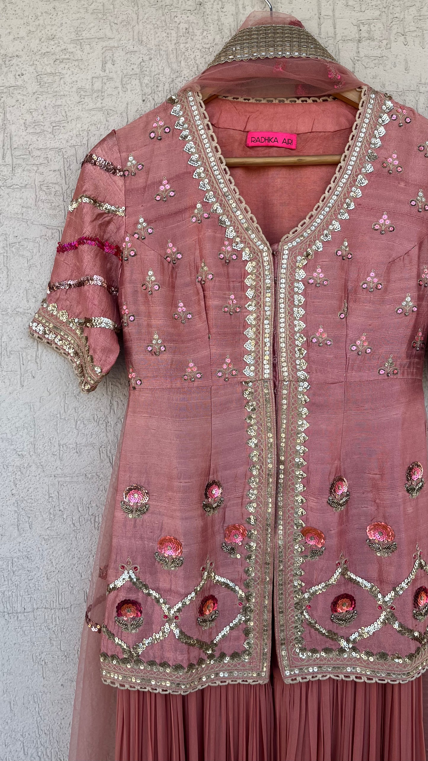 PEACH JACKET GHARARA AND DUPATTA SET