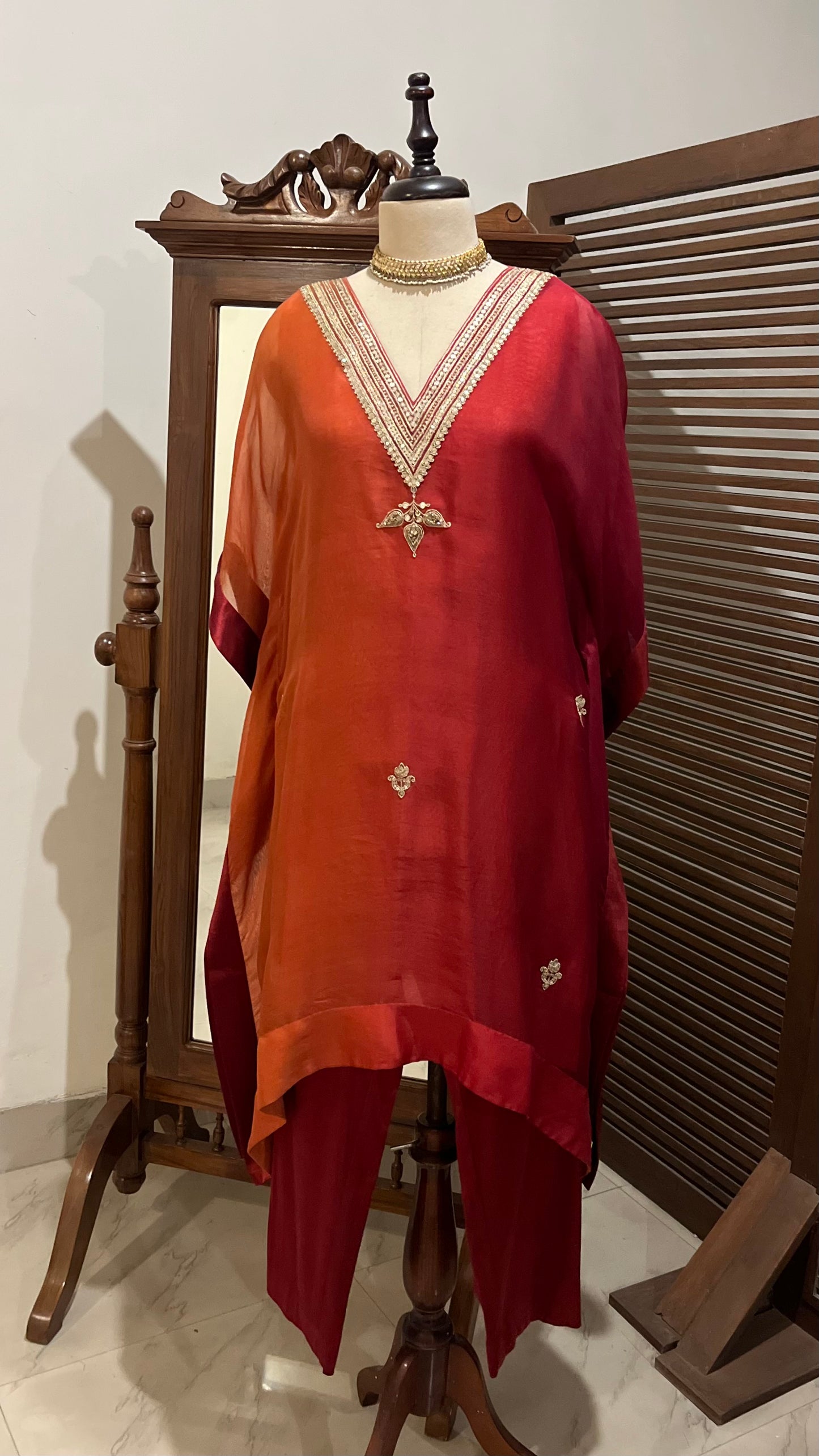 RUBY RED AND RUST ORGANZA KAFTAN