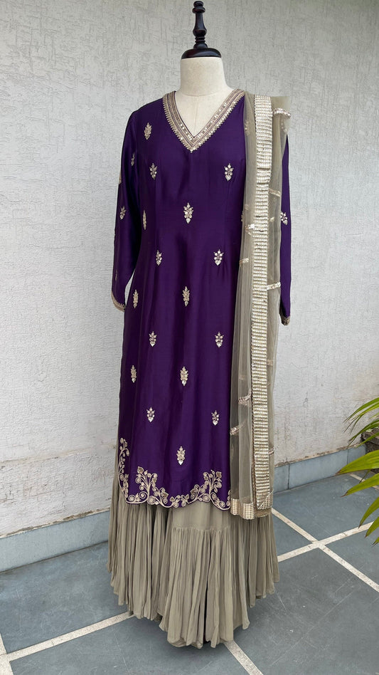 DEEP PURPLE KURTA, SKIRT & DUPATTA SET