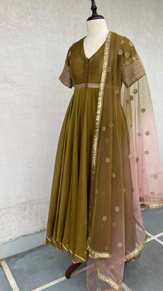 OLIVE & SALMON PINK ANARKALI SET