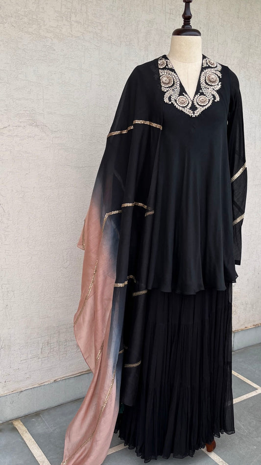 BLACK A- LINE KURTA AND GHARARA SET