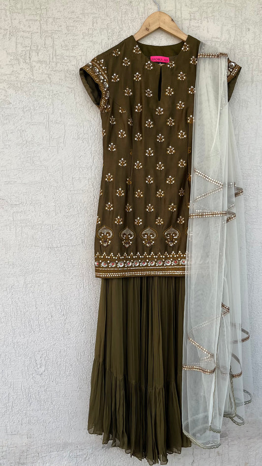 OLIVE KURTA, GHARARA & DUPATTA SET