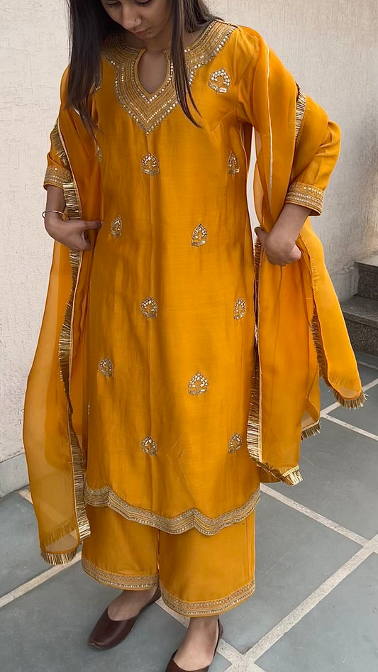 MUSTARD STRAIGHT KURTA, PANTS & DUPATTA SET