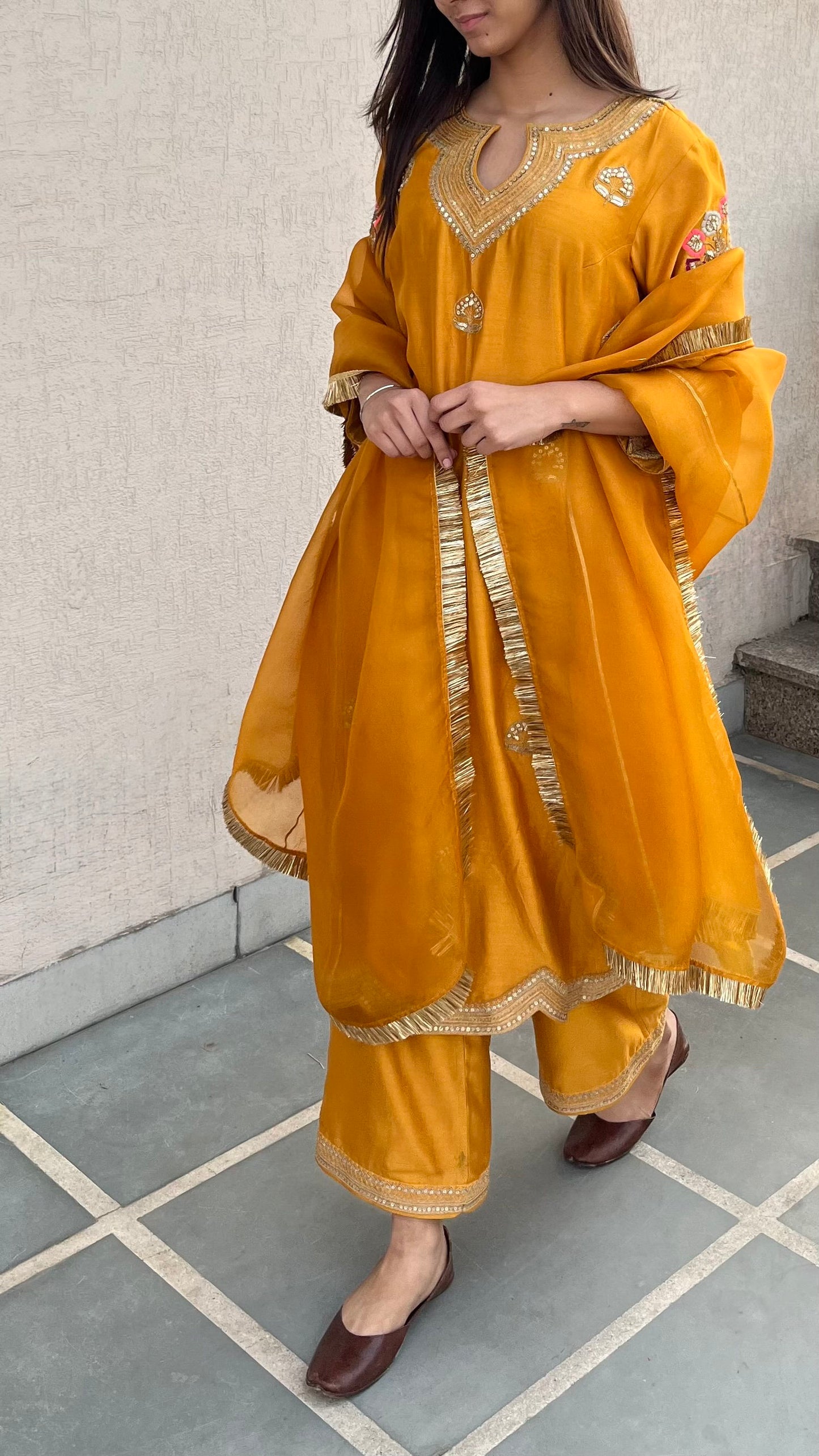 MUSTARD STRAIGHT KURTA, PANTS & DUPATTA SET