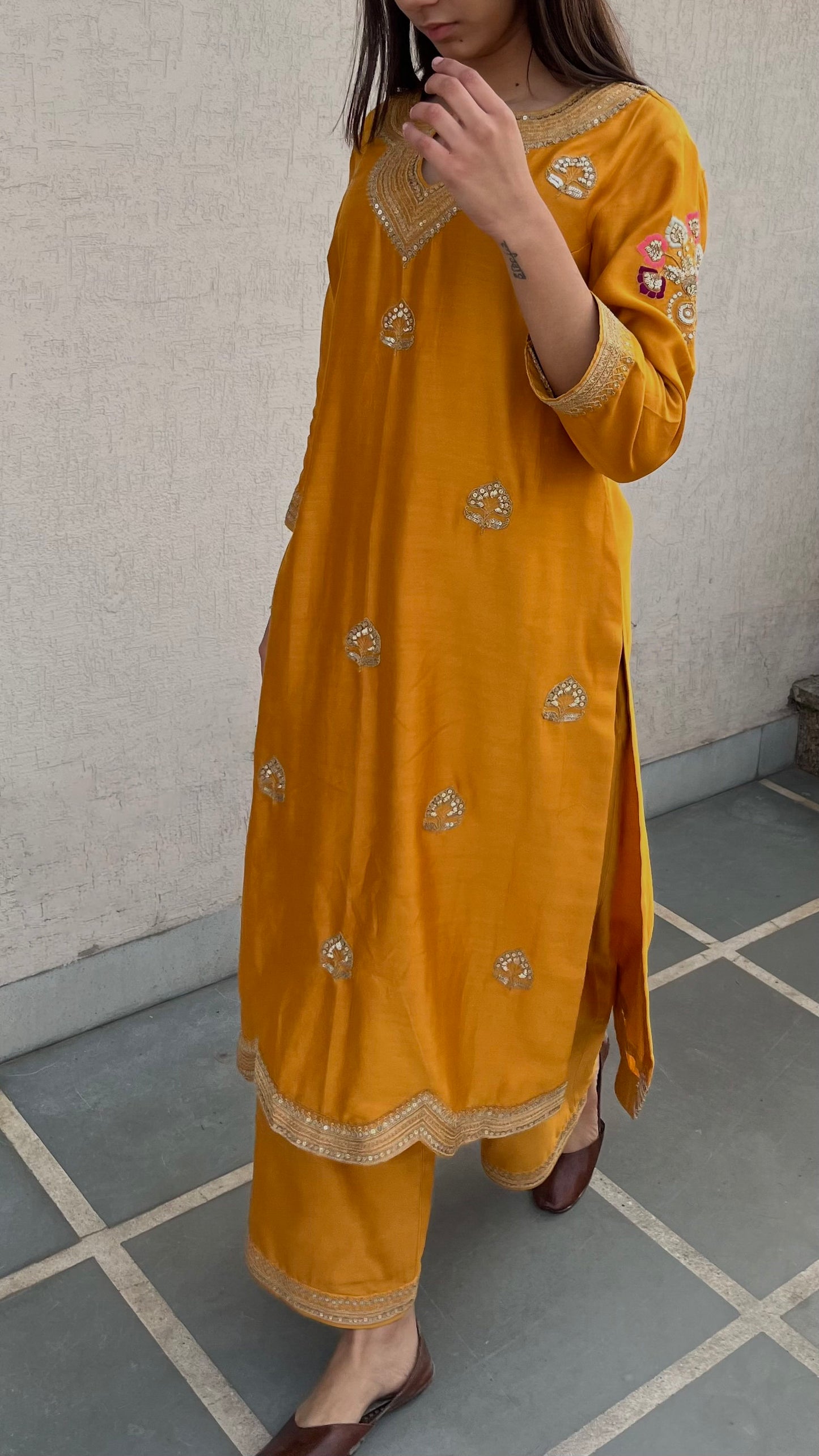MUSTARD STRAIGHT KURTA, PANTS & DUPATTA SET