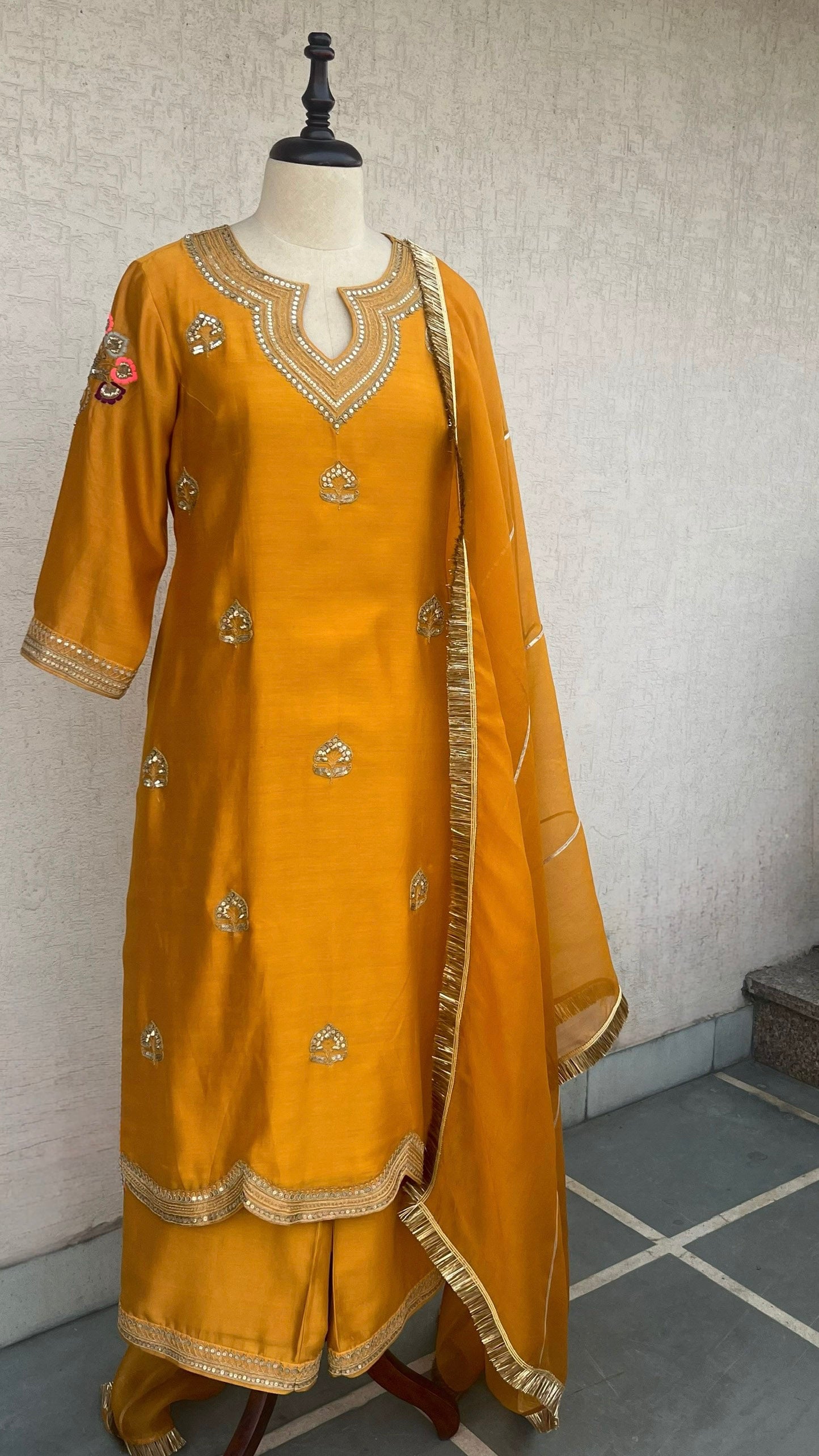 MUSTARD STRAIGHT KURTA, PANTS & DUPATTA SET