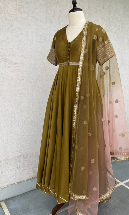 OLIVE & SALMON PINK ANARKALI SET
